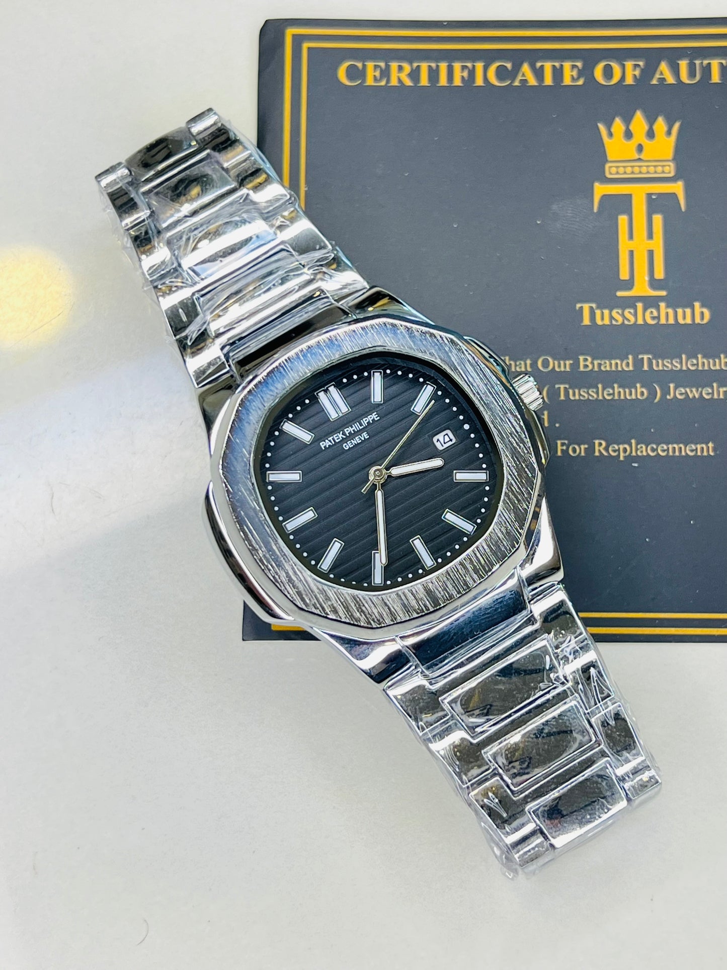 Silver Nautilus Black Dial Watch