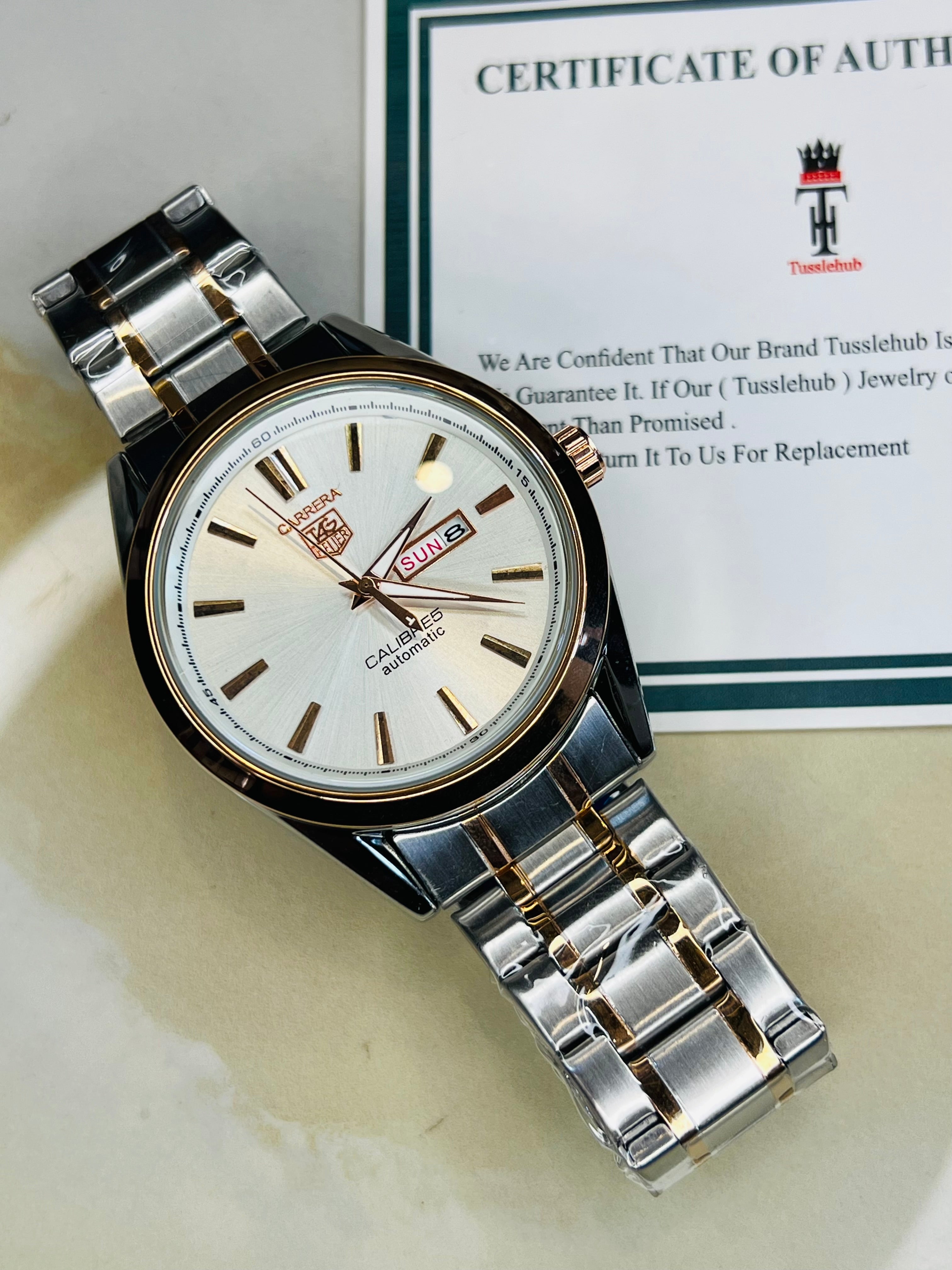 Two Tone Silver White Carrera Day Date Chain Strapped Watch