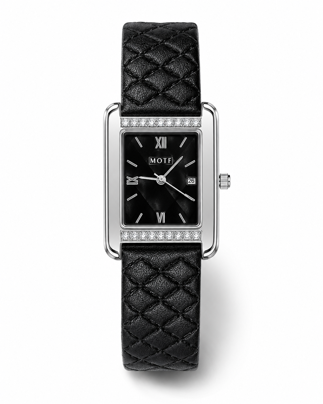 Black Leather Zircon Square Watch For Her