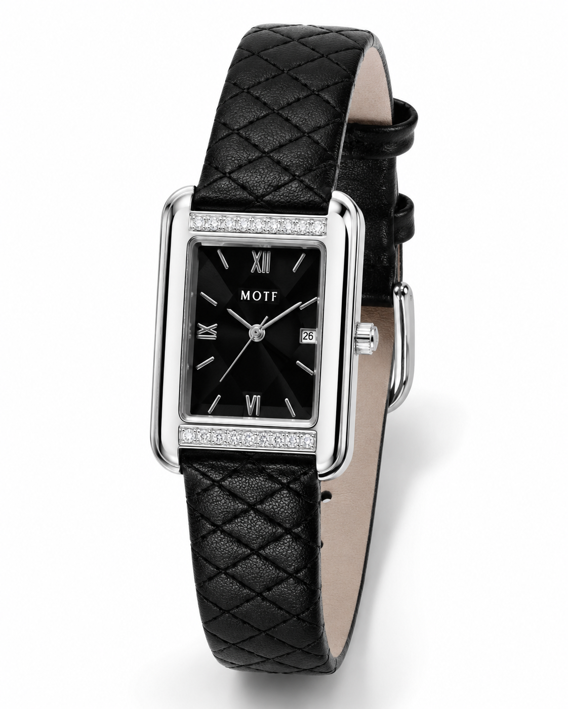 Black Leather Zircon Square Watch For Her
