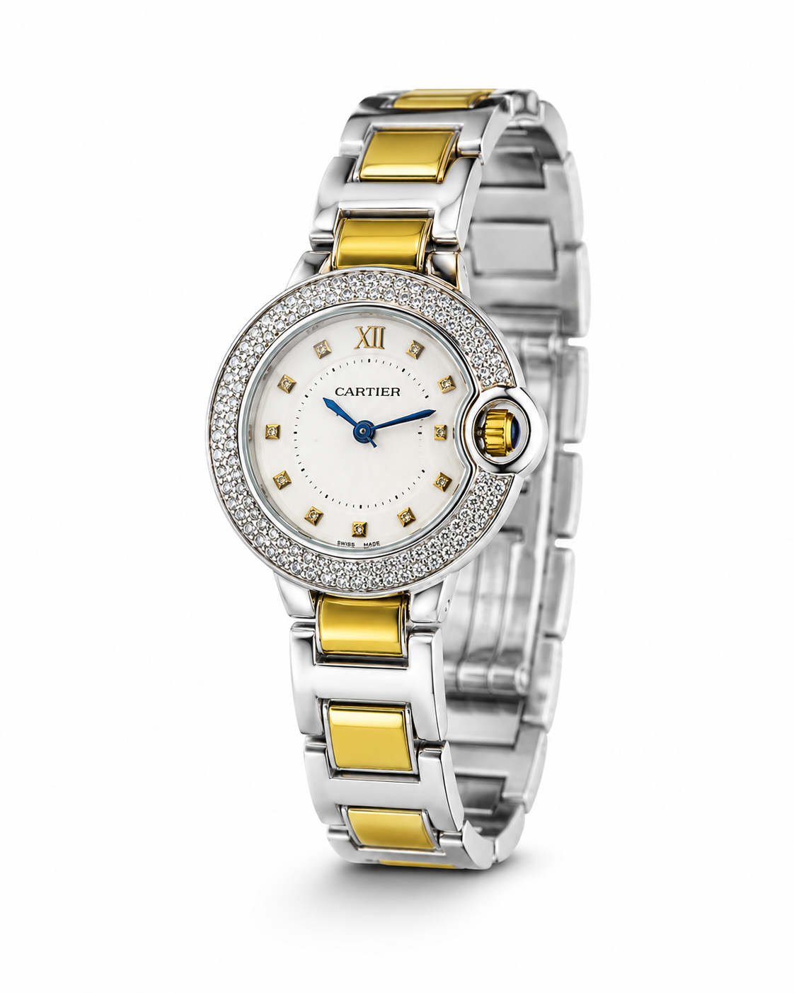 Cartier Silver Gold White iced Dial Watch For Her