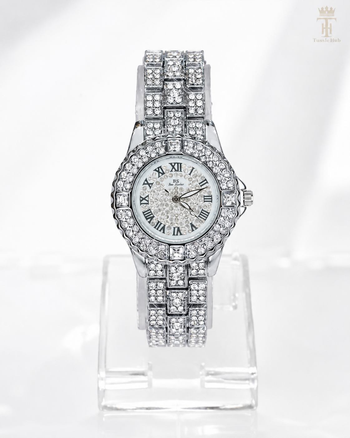 Silver Roman Iced Out Watch For Her