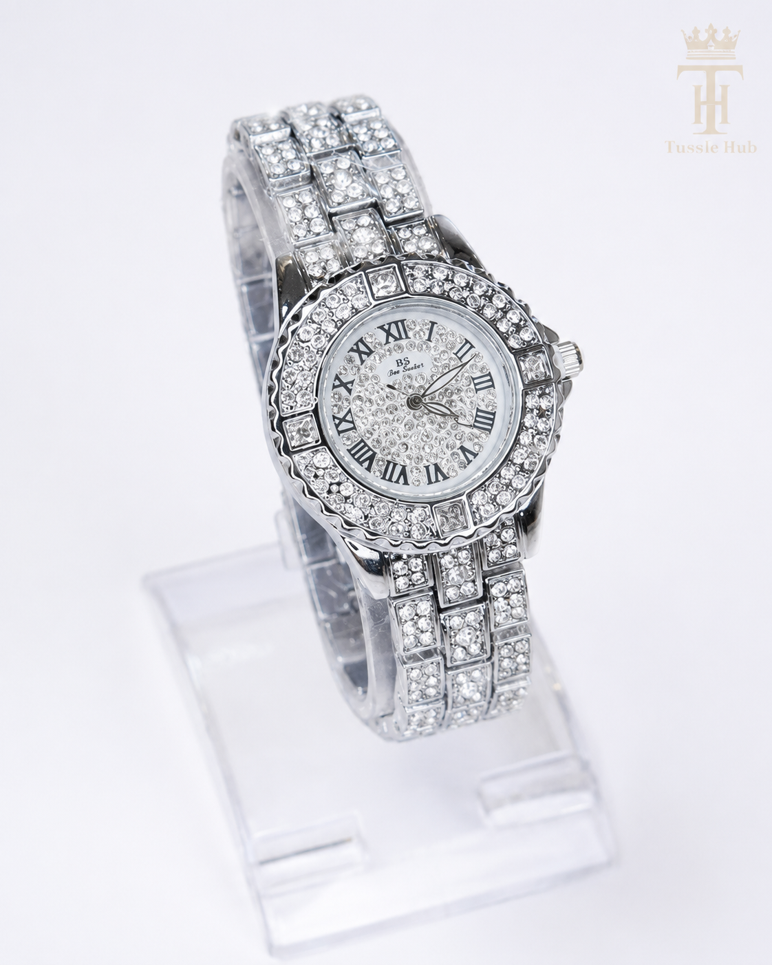 Silver Roman Iced Out Watch For Her