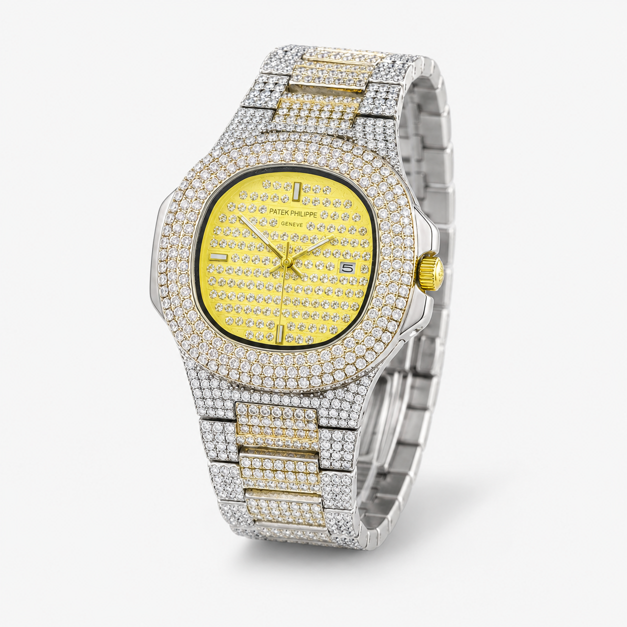 Two Tone Iced Out Nautilus Watch
