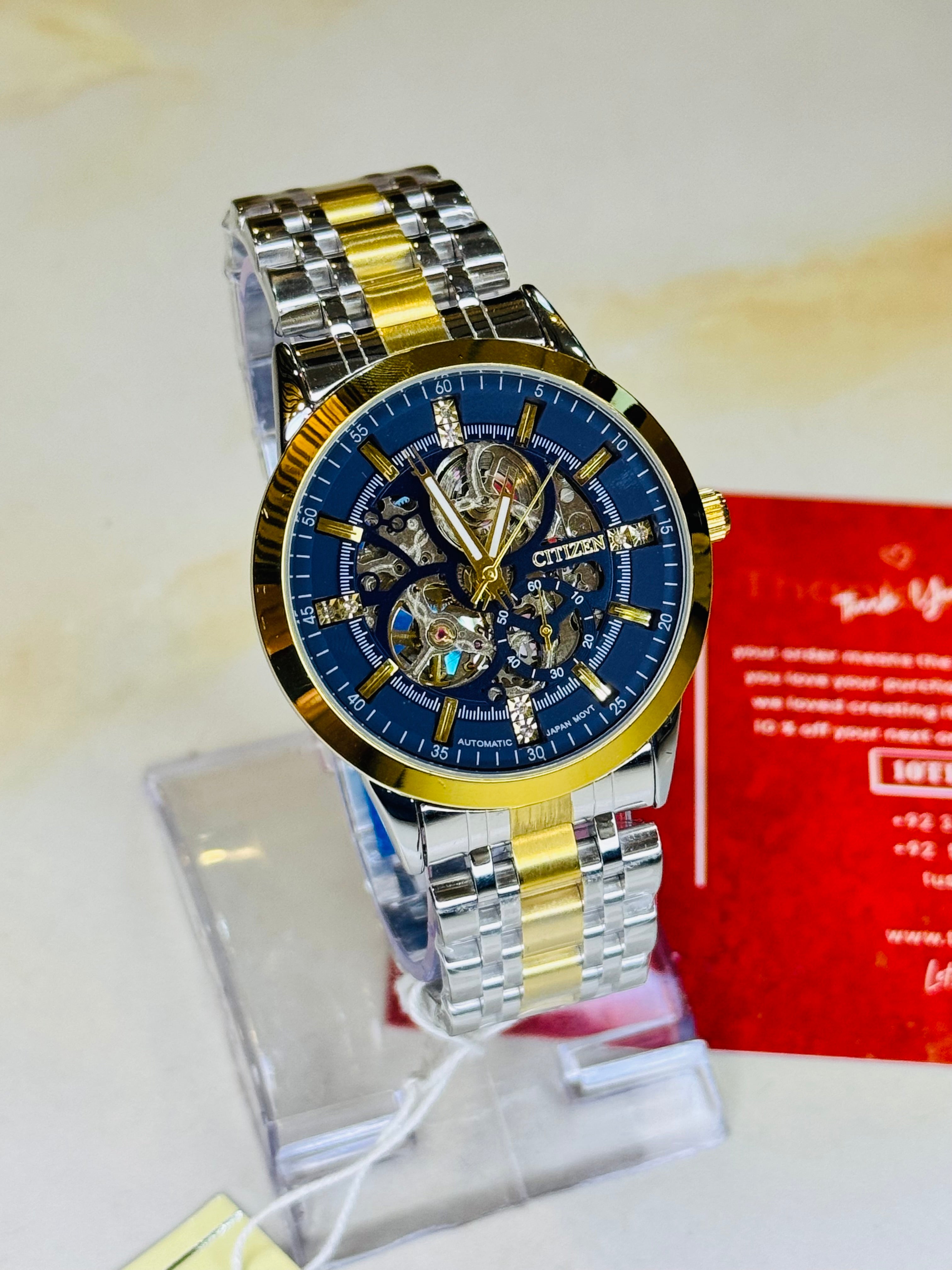 Two Tone Navy Citizen Skeleton Automatic Watch