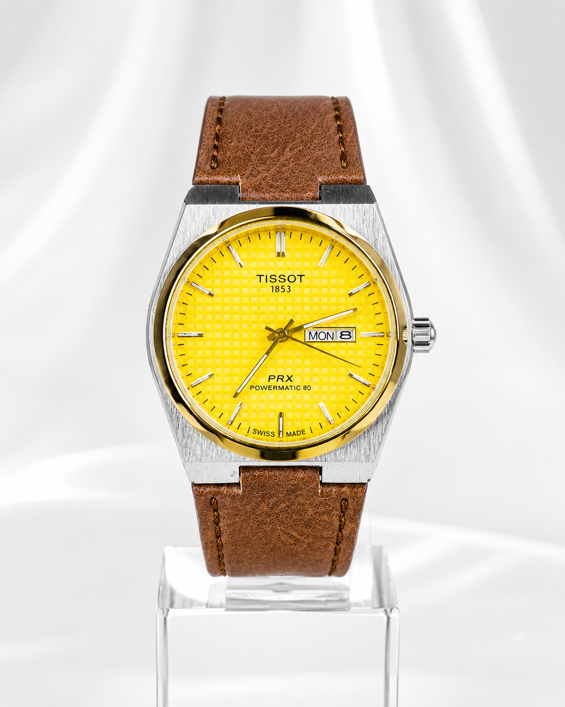 Brown Leather Strapped Tissot PRX Silver Gold Dial Watch