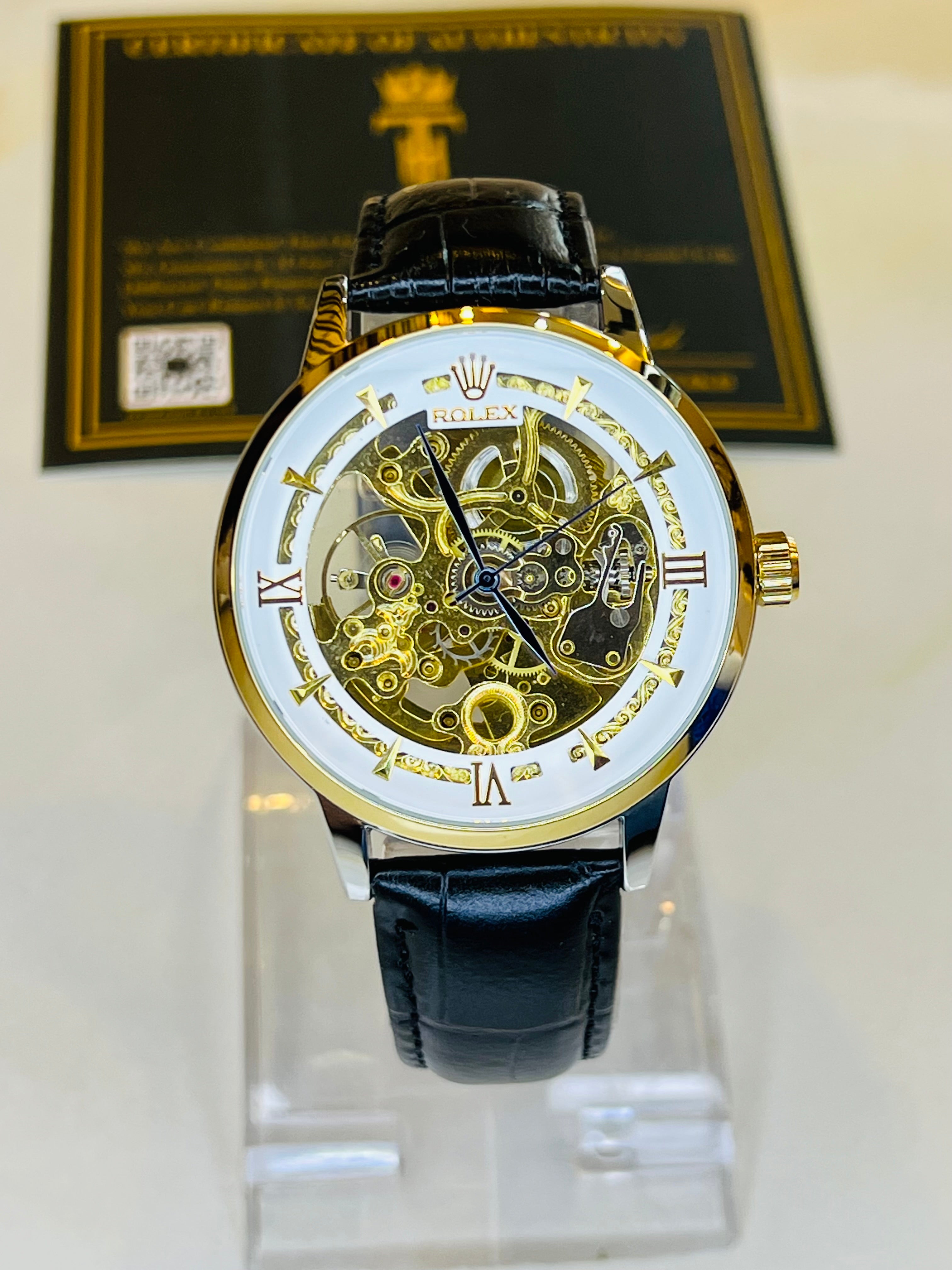 Leather Rol*x Black White Automatic Skeleton Watch