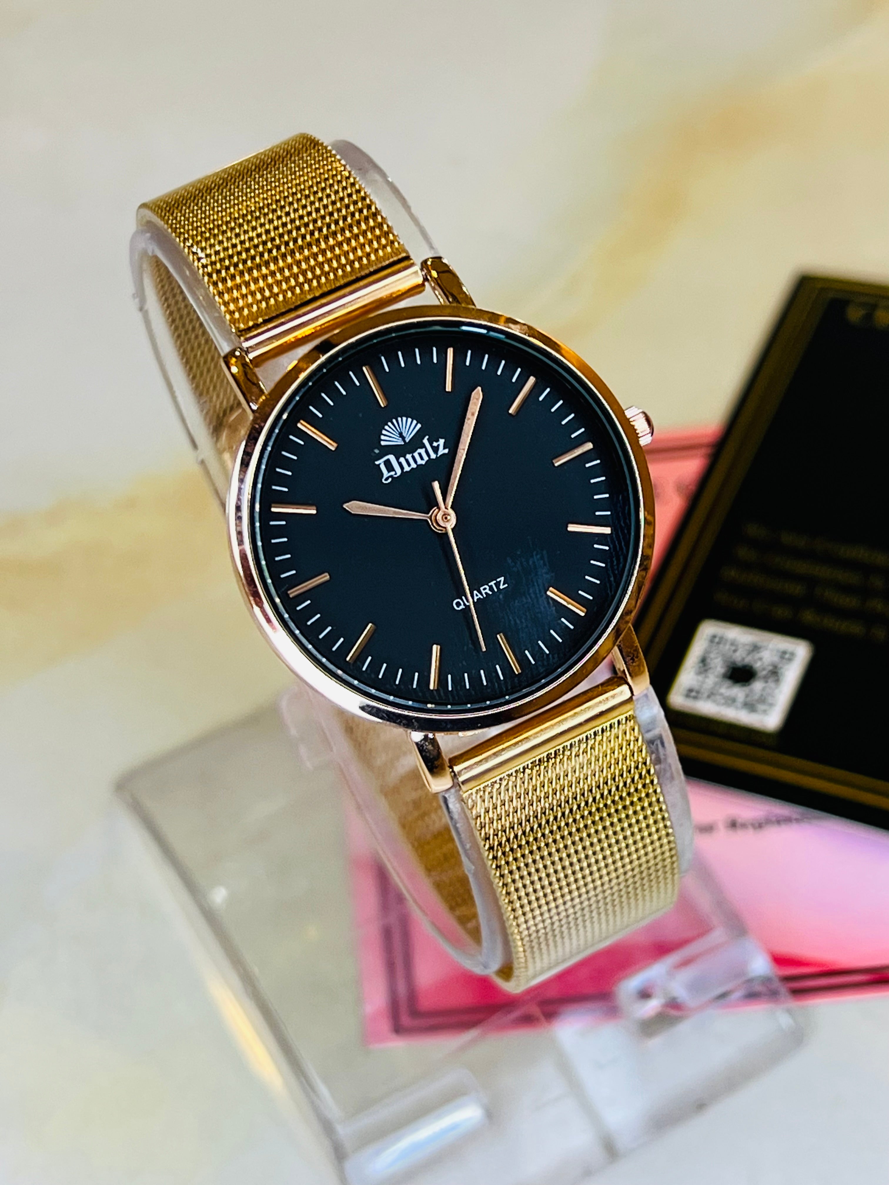 Rose Gold Black Mesh Watch For Her