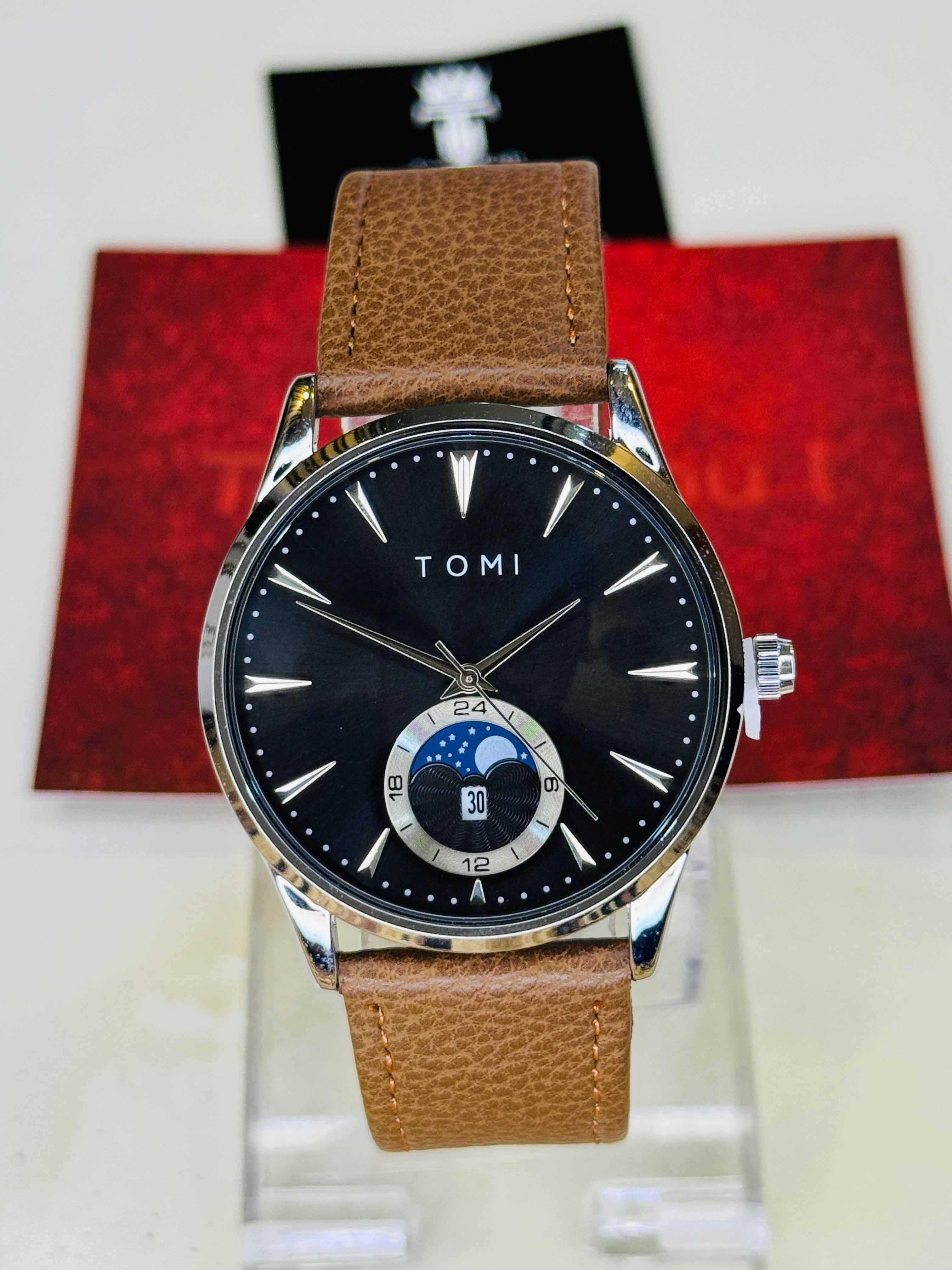 Tomi Brown Silver Leather Magnetic Strap Watch