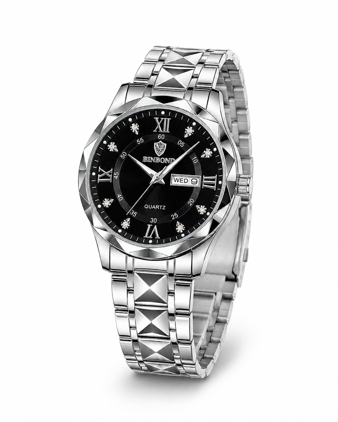 Silver Black Binbond Diamond Dial Watch