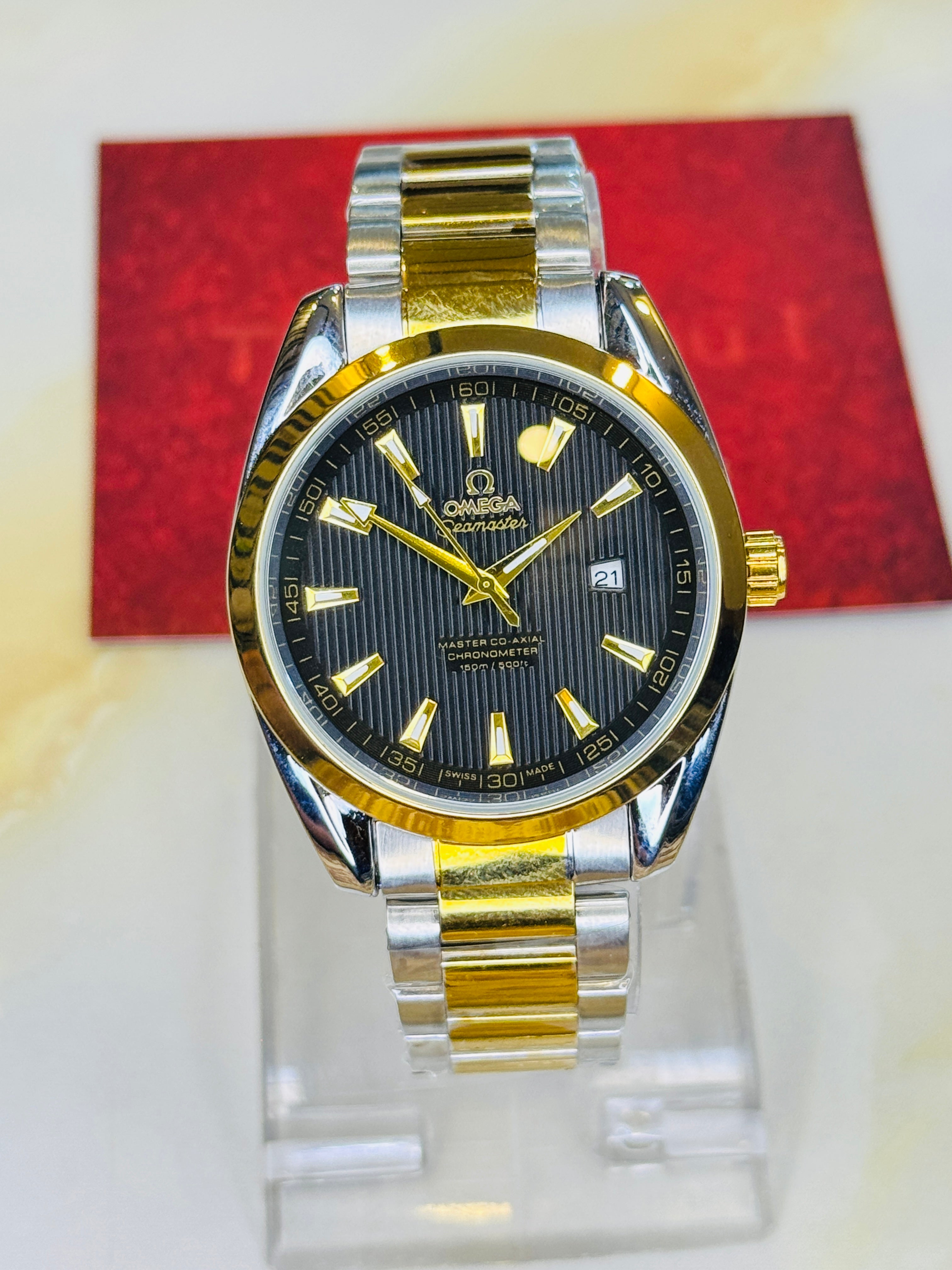Two Tone Black Chain Strapped Omega Sea Master Watch
