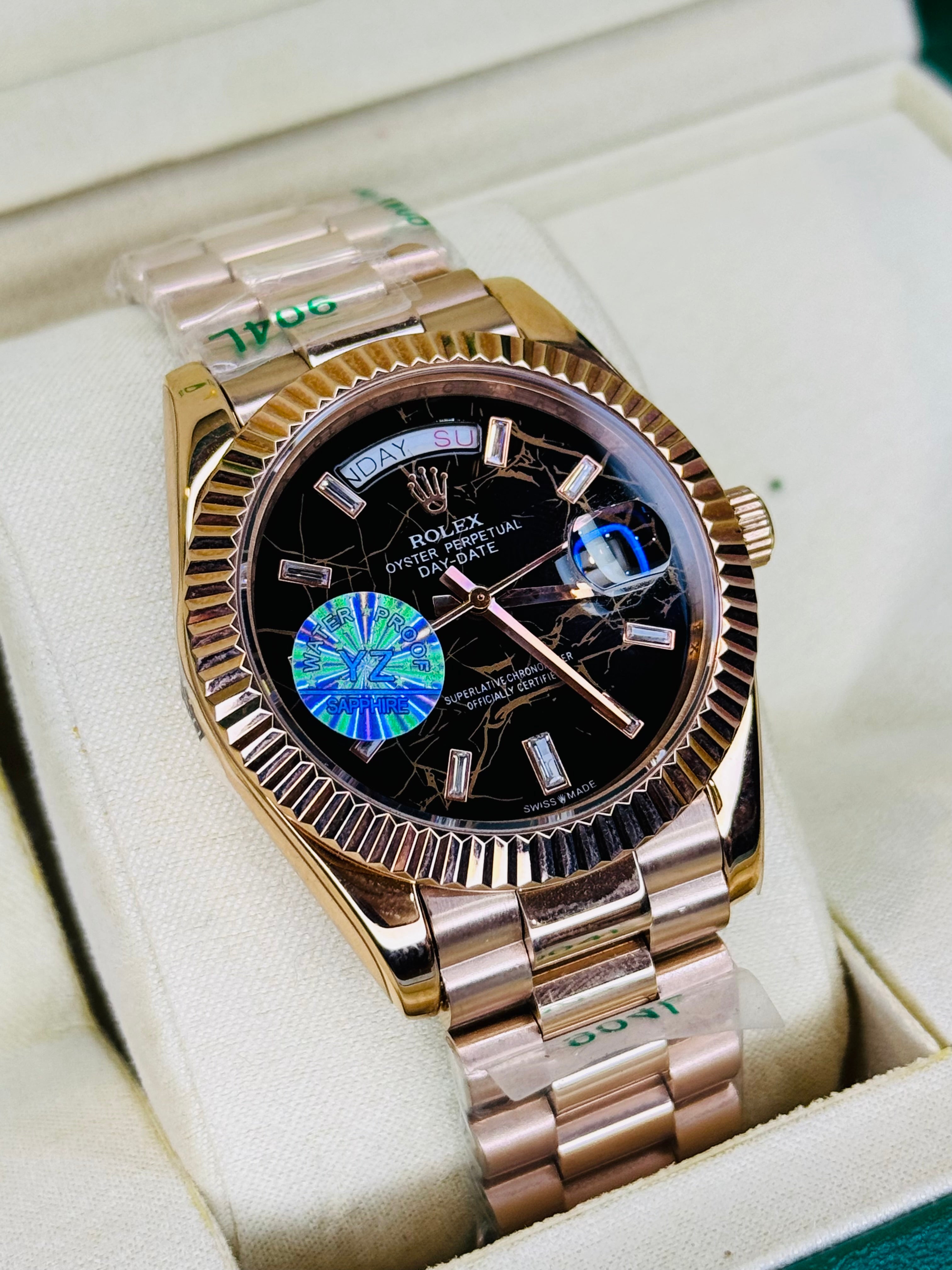 Day Date Rose Gold Black Marble Dial Automatic Super Clone Watch