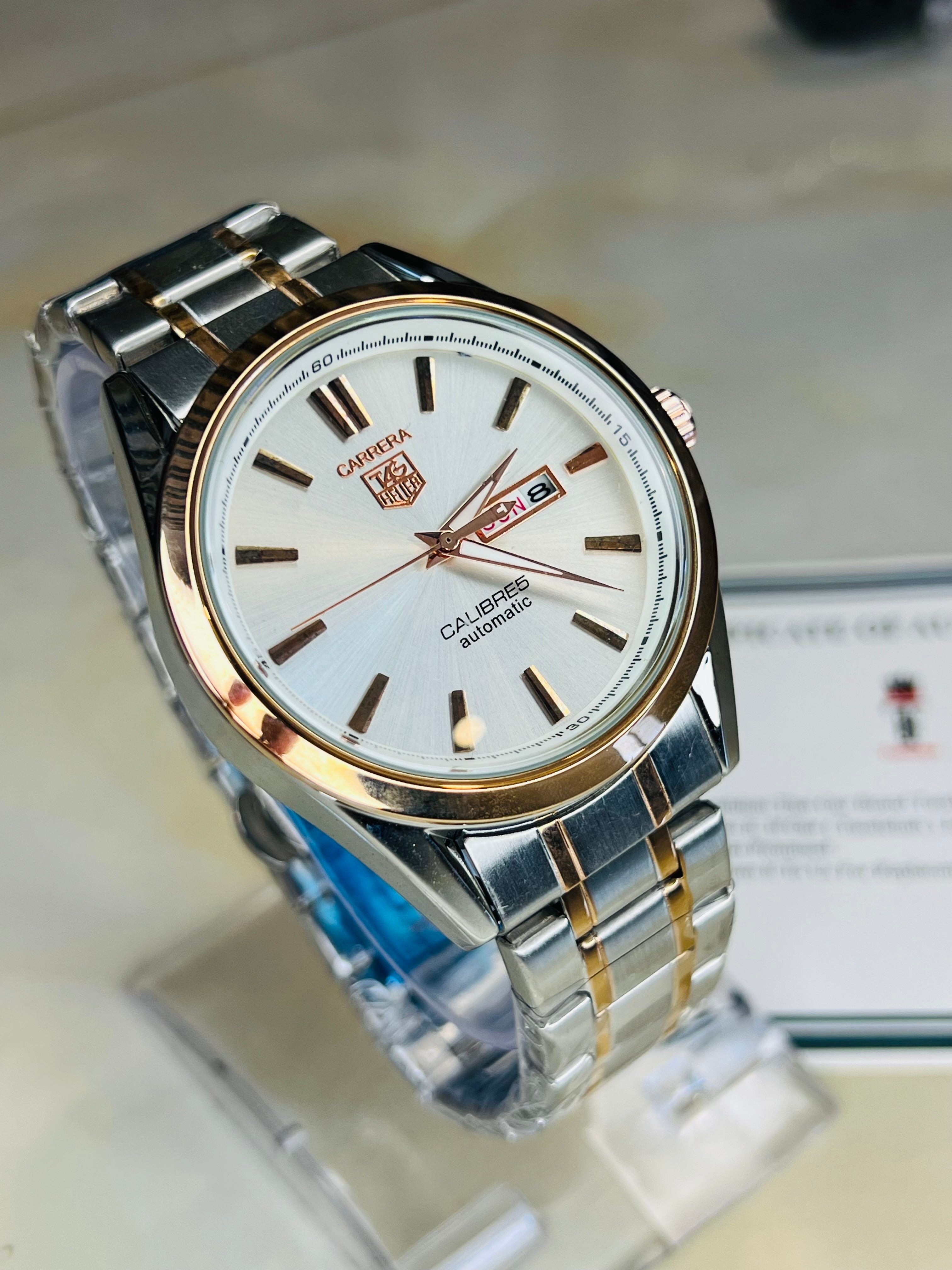 Two Tone Silver White Carrera Day Date Chain Strapped Watch