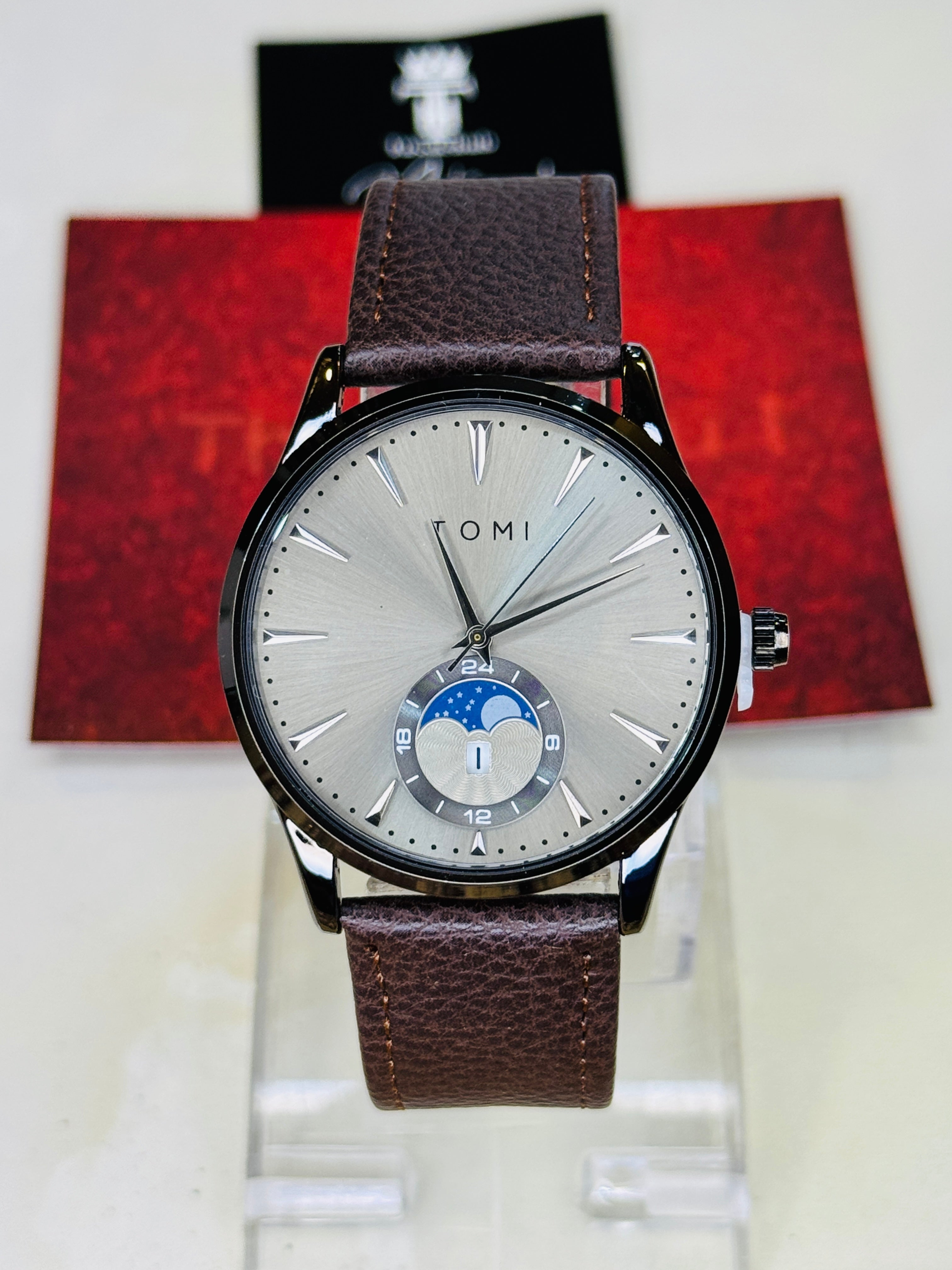 Tomi Coffee Grey Leather Magnetic Strap Watch