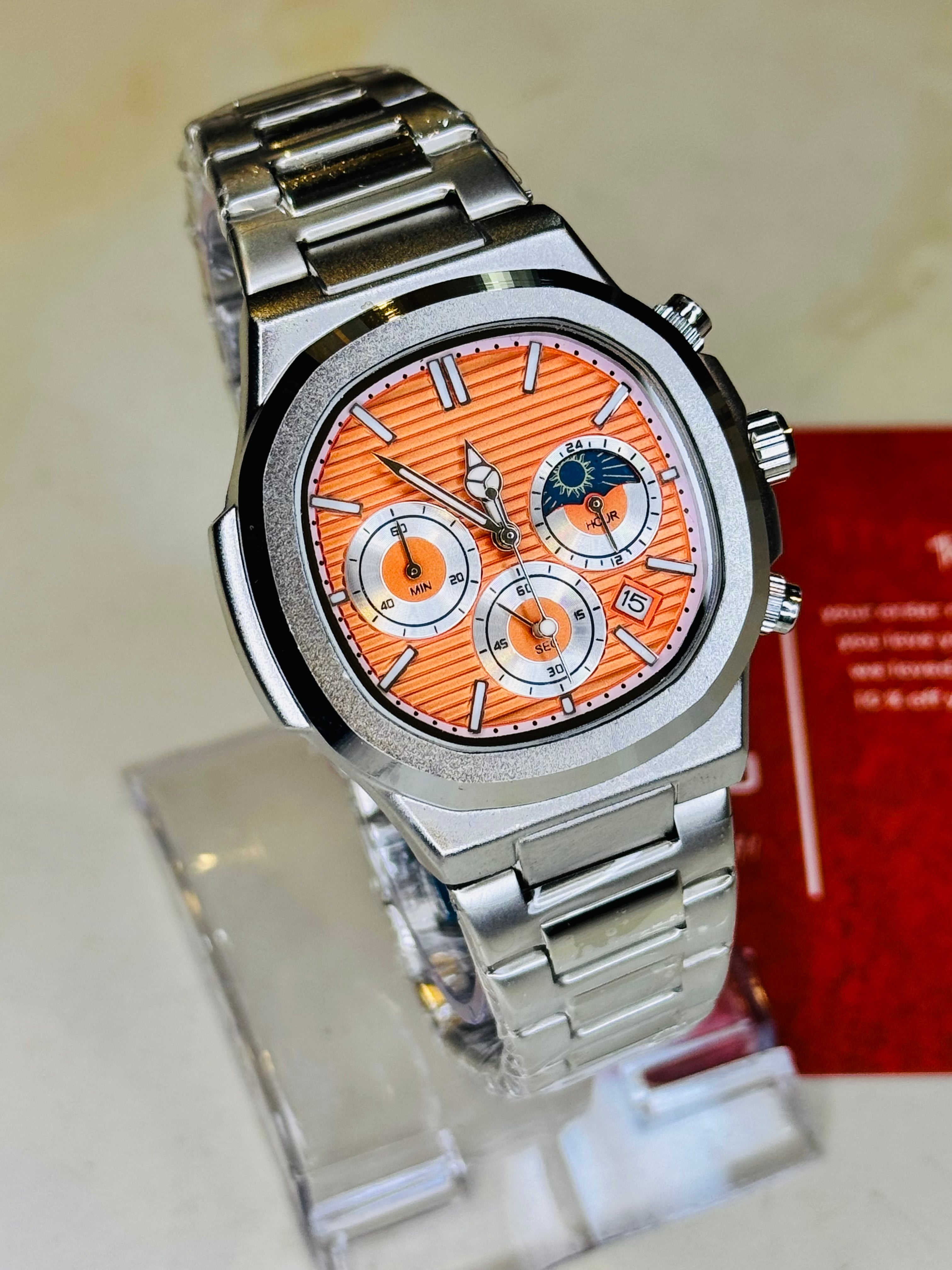Silver Orange Nautilus Chronograph Watch