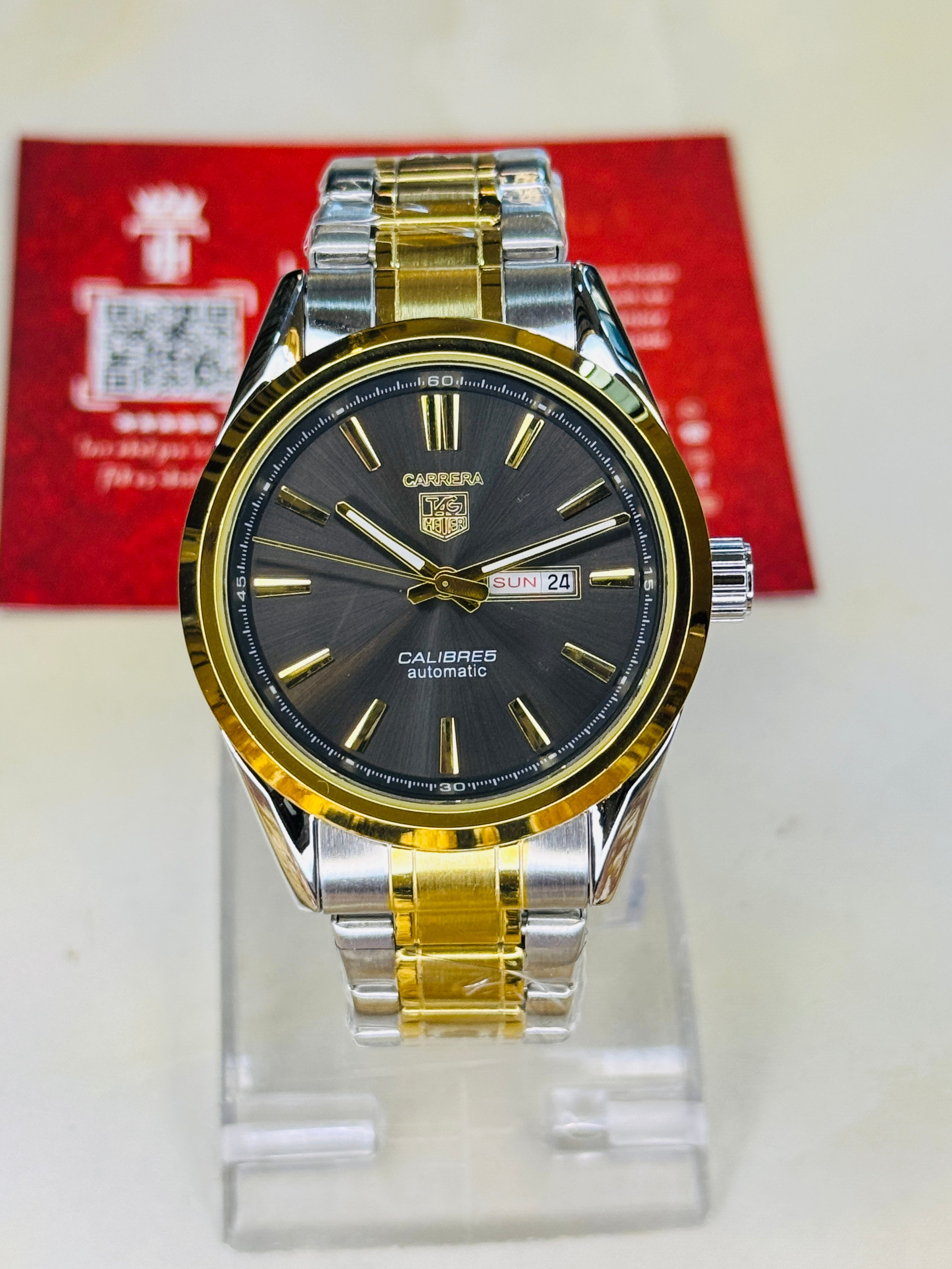 Tag Heur Two Tone Black Carrera Day Date Chain Strapped Watch