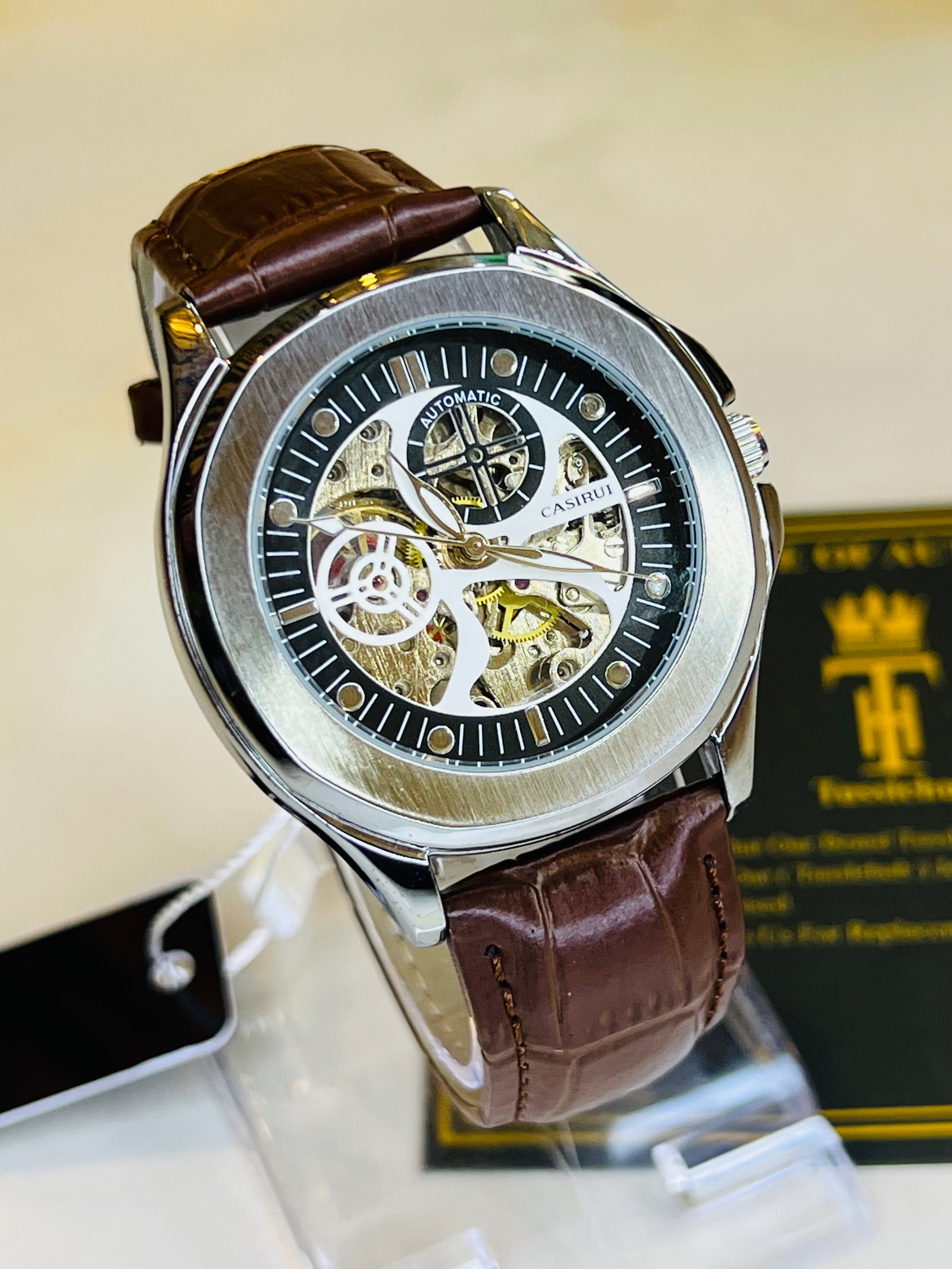 Casirui Brown Silver Automatic Skeleton Leather watch
