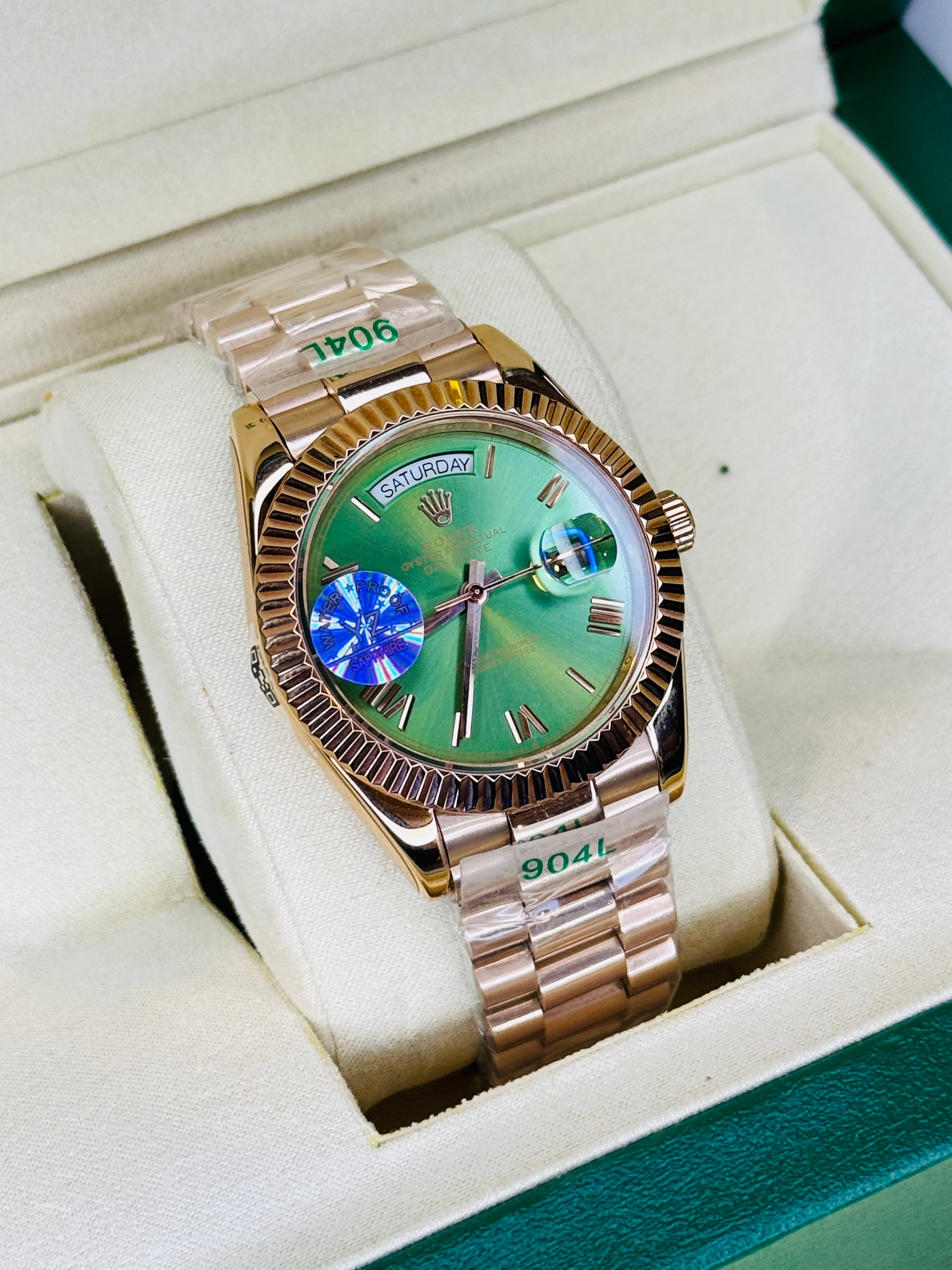 Day Date Rose Gold Emerald Dial Automatic Super Clone Watch