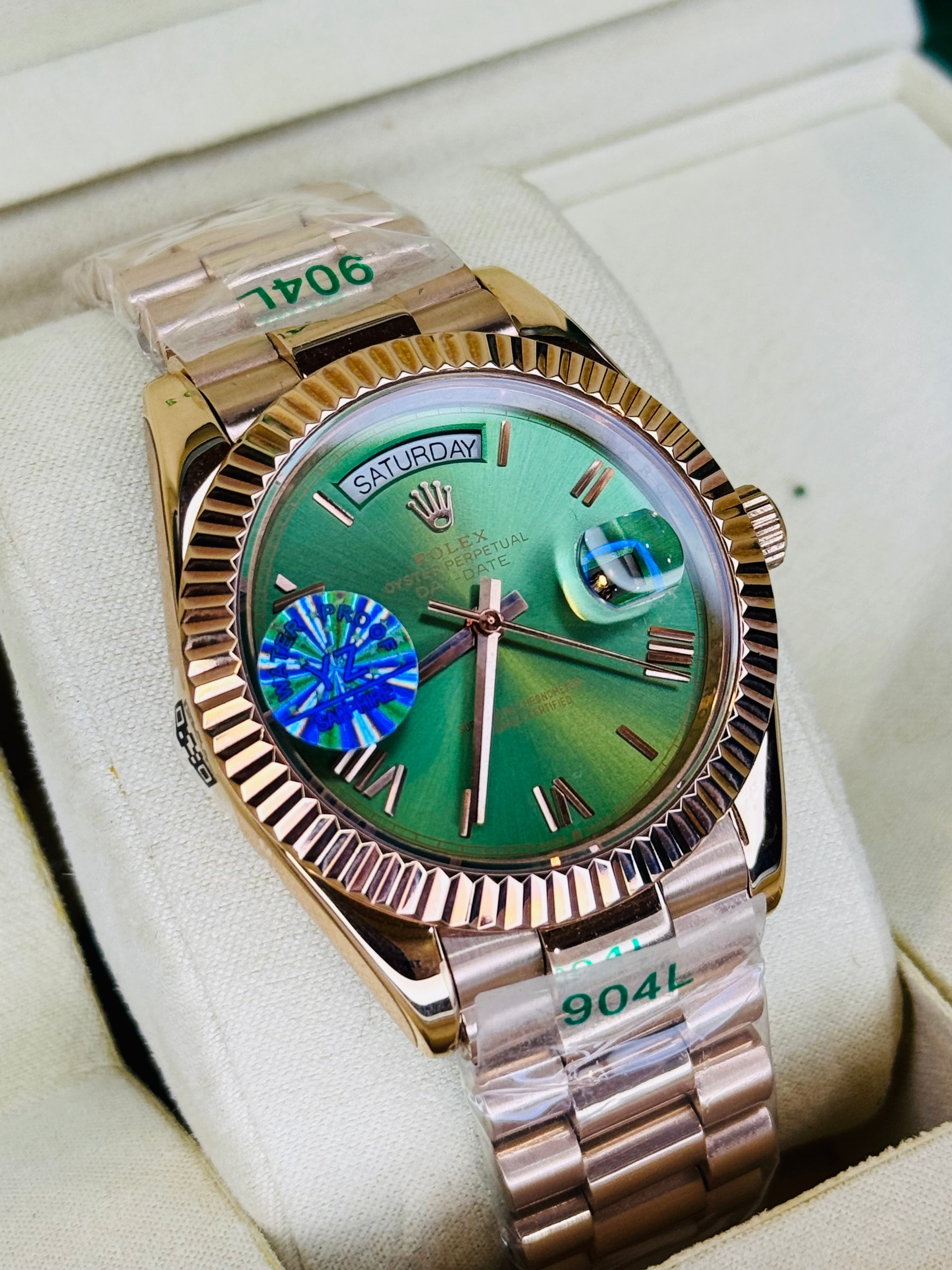 Day Date Rose Gold Emerald Dial Automatic Super Clone Watch