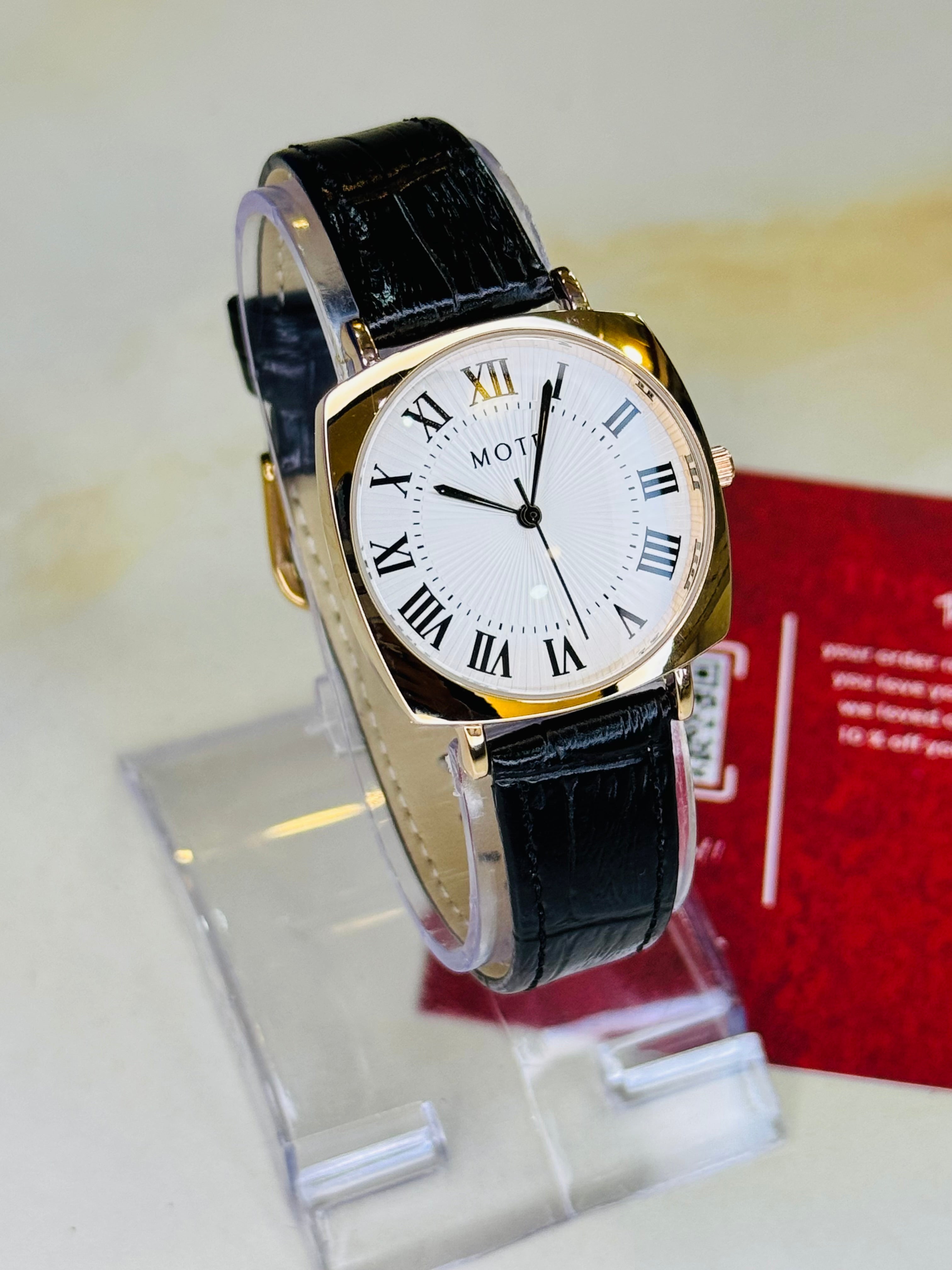 Motf Black White Sleek Leather Strap Watch For Her