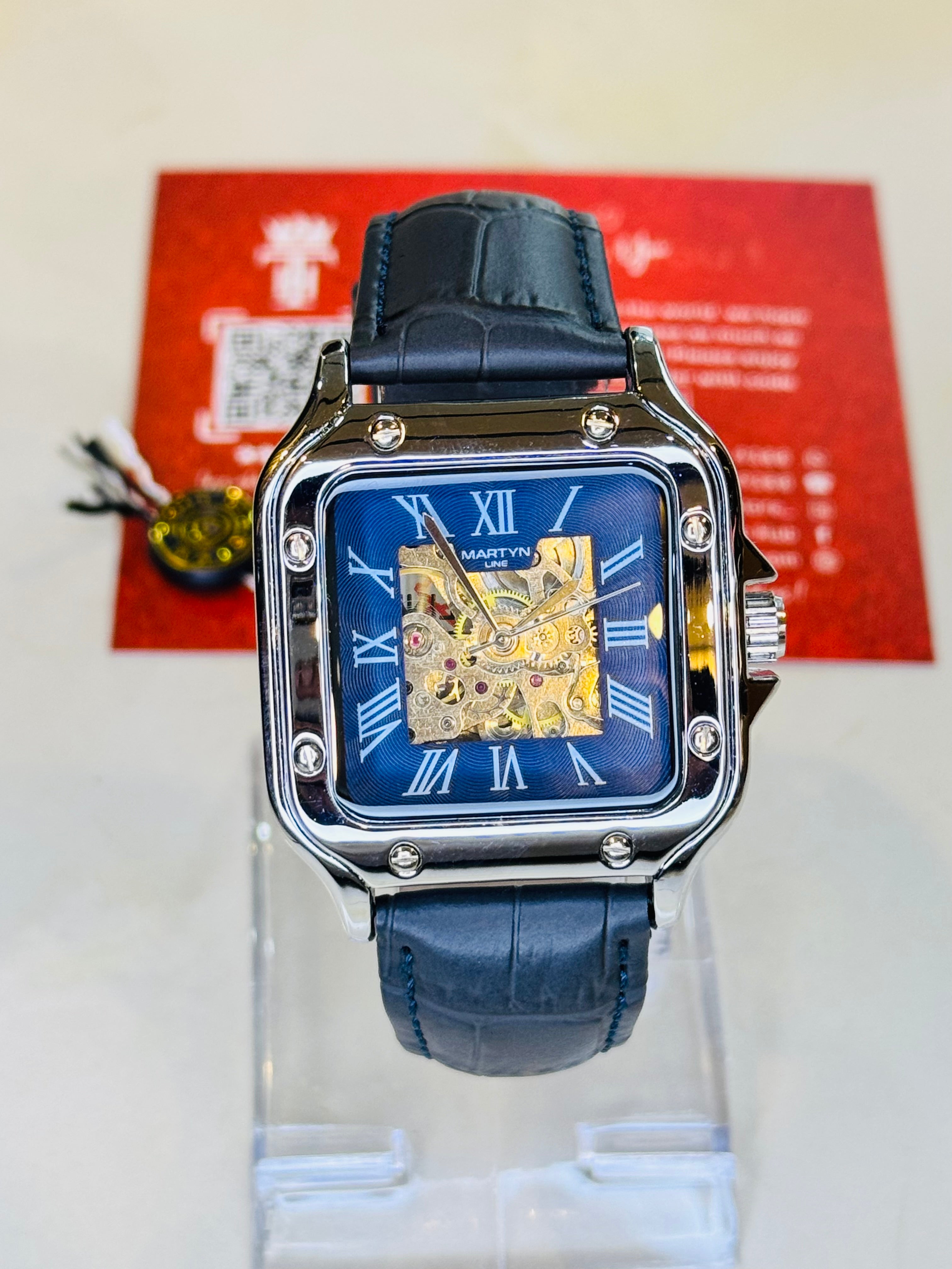 Blue Silver Tank Automatic Skeleton Watch