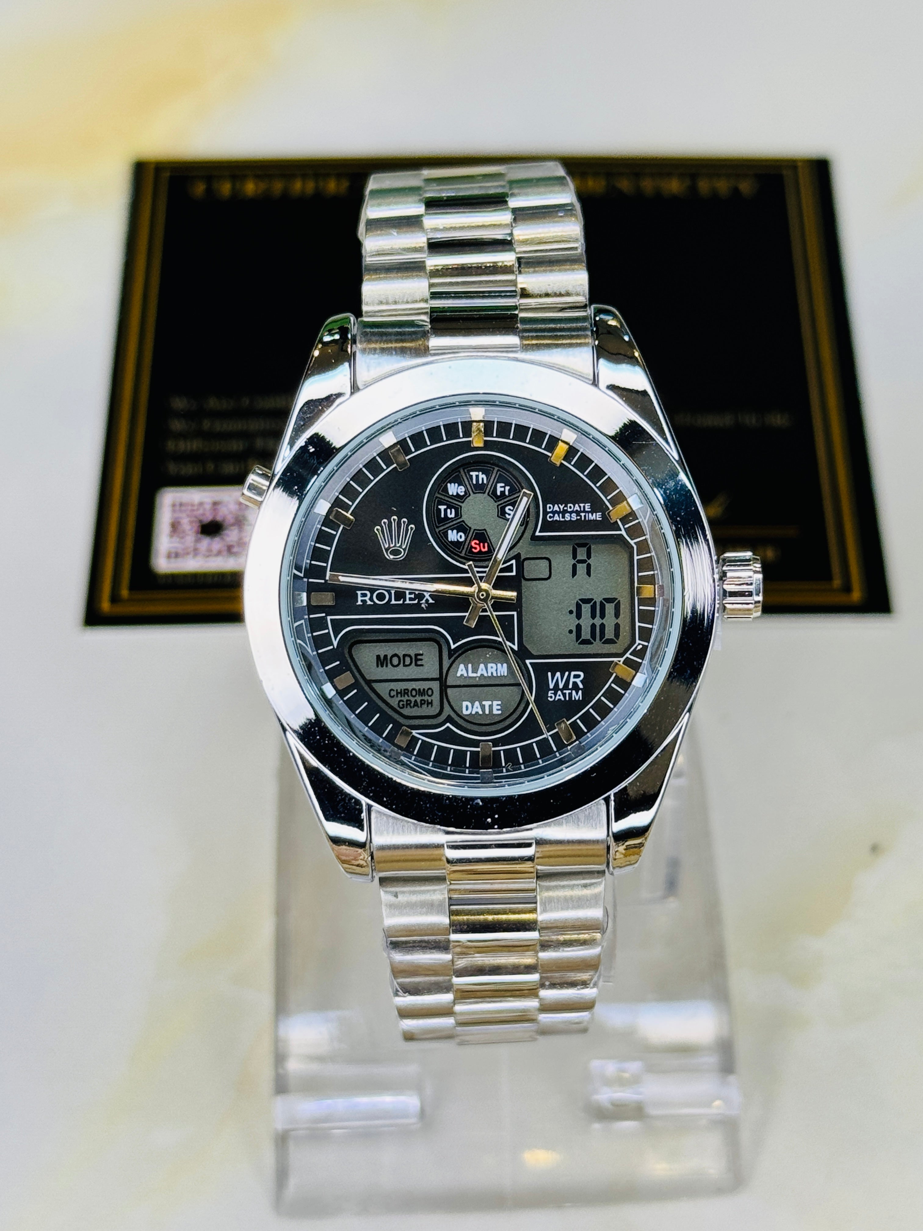 Premium Dual Time Silver Black Dial Watch