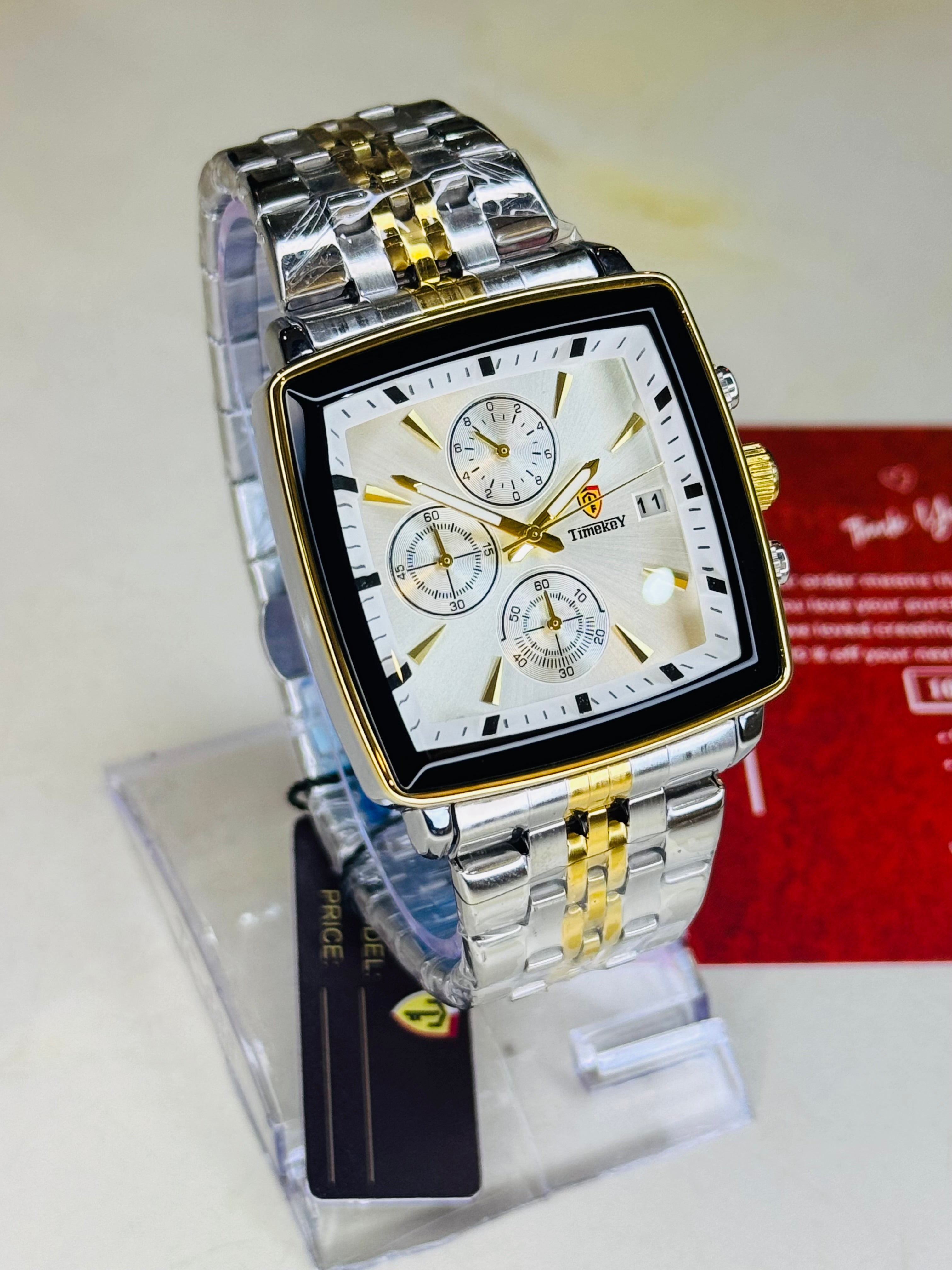 Timekey Two Tone White Square Chain Chronograph Watch