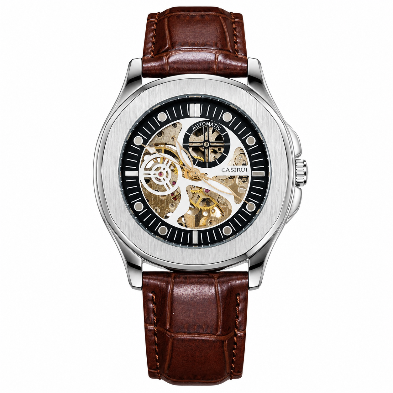 Casirui Brown Silver Automatic Skeleton Leather watch