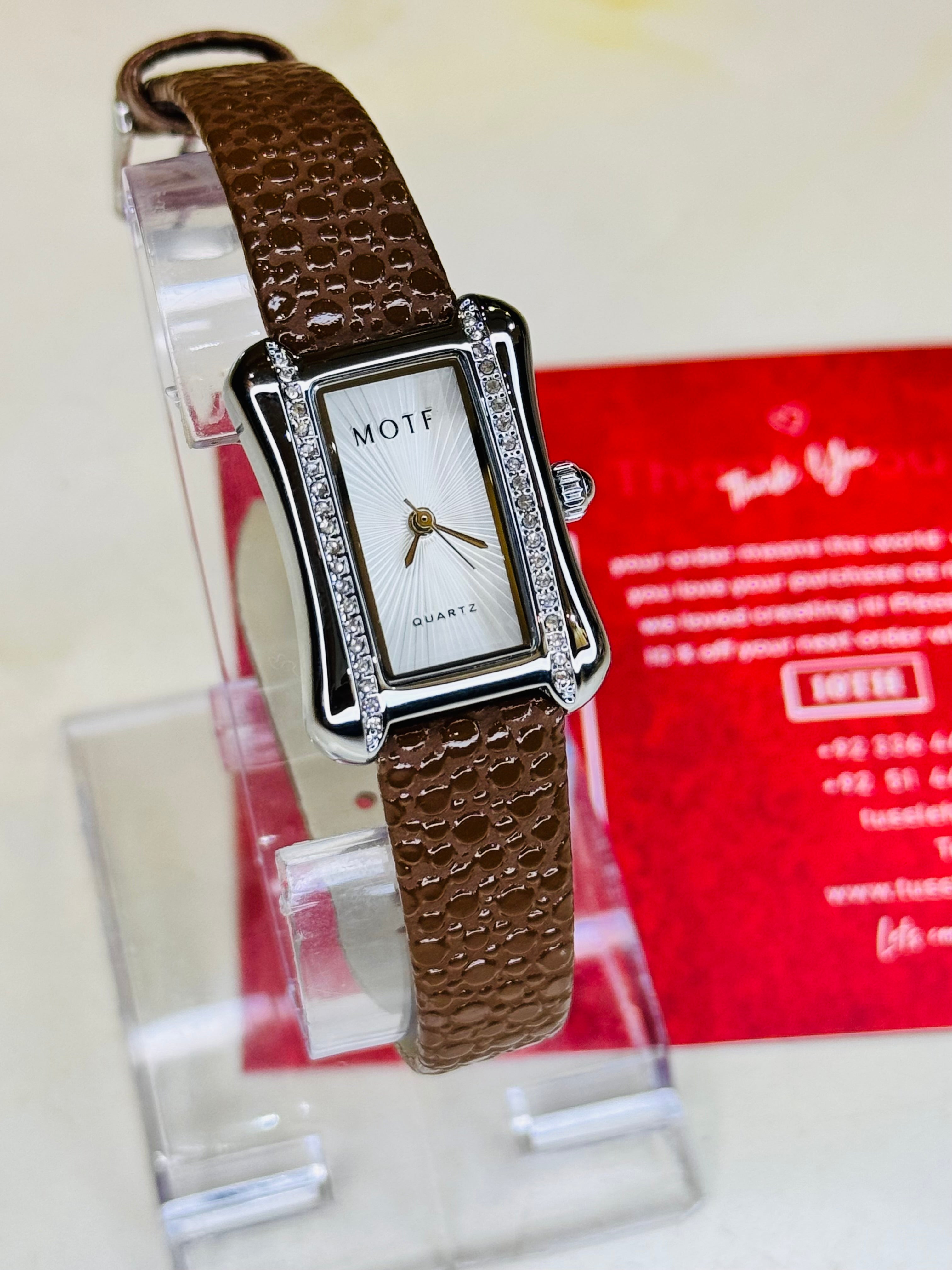 Brown Leather Zircon Square Watch For Her