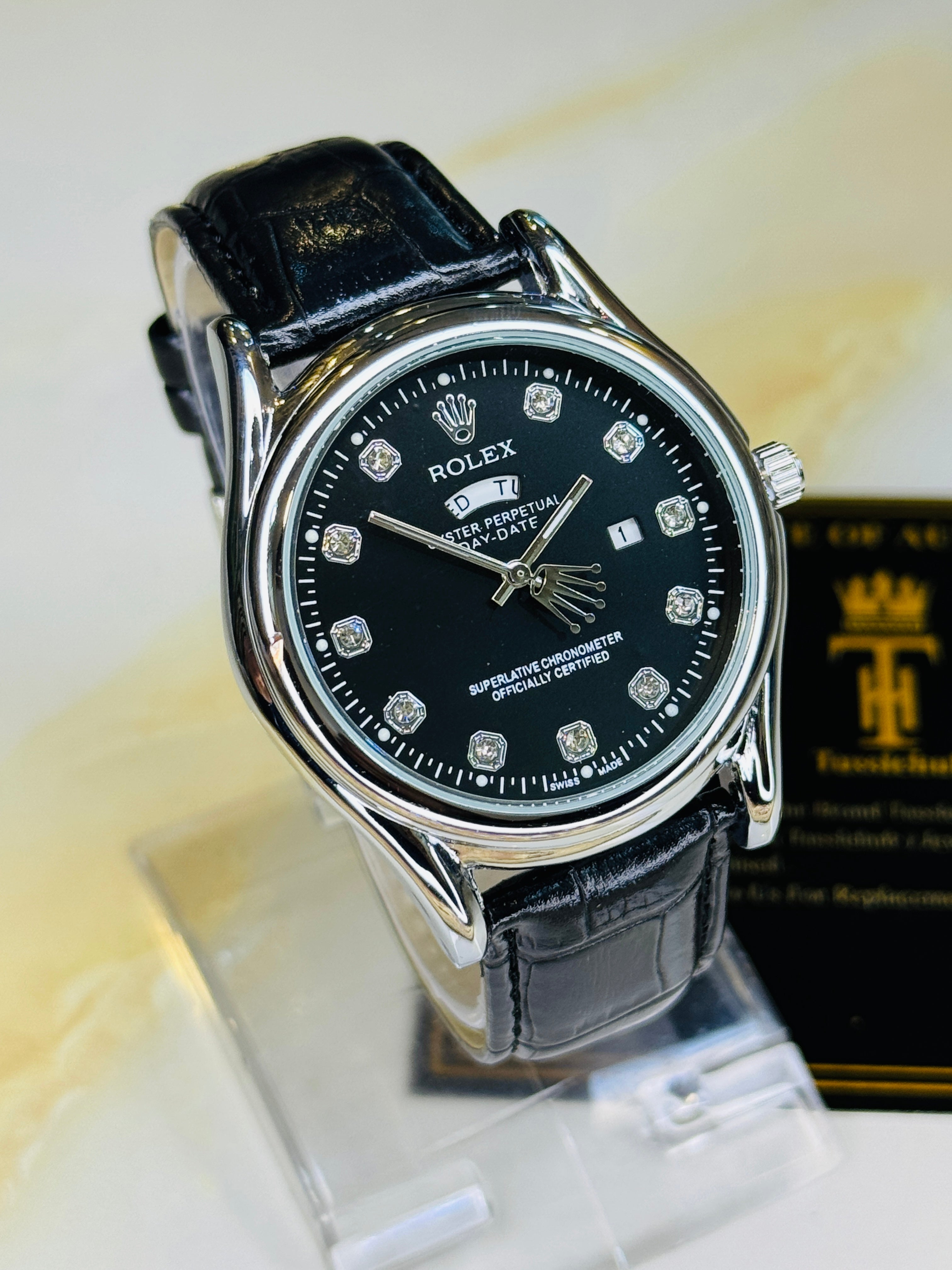 Black Silver Black Round Leather Rolex Watch