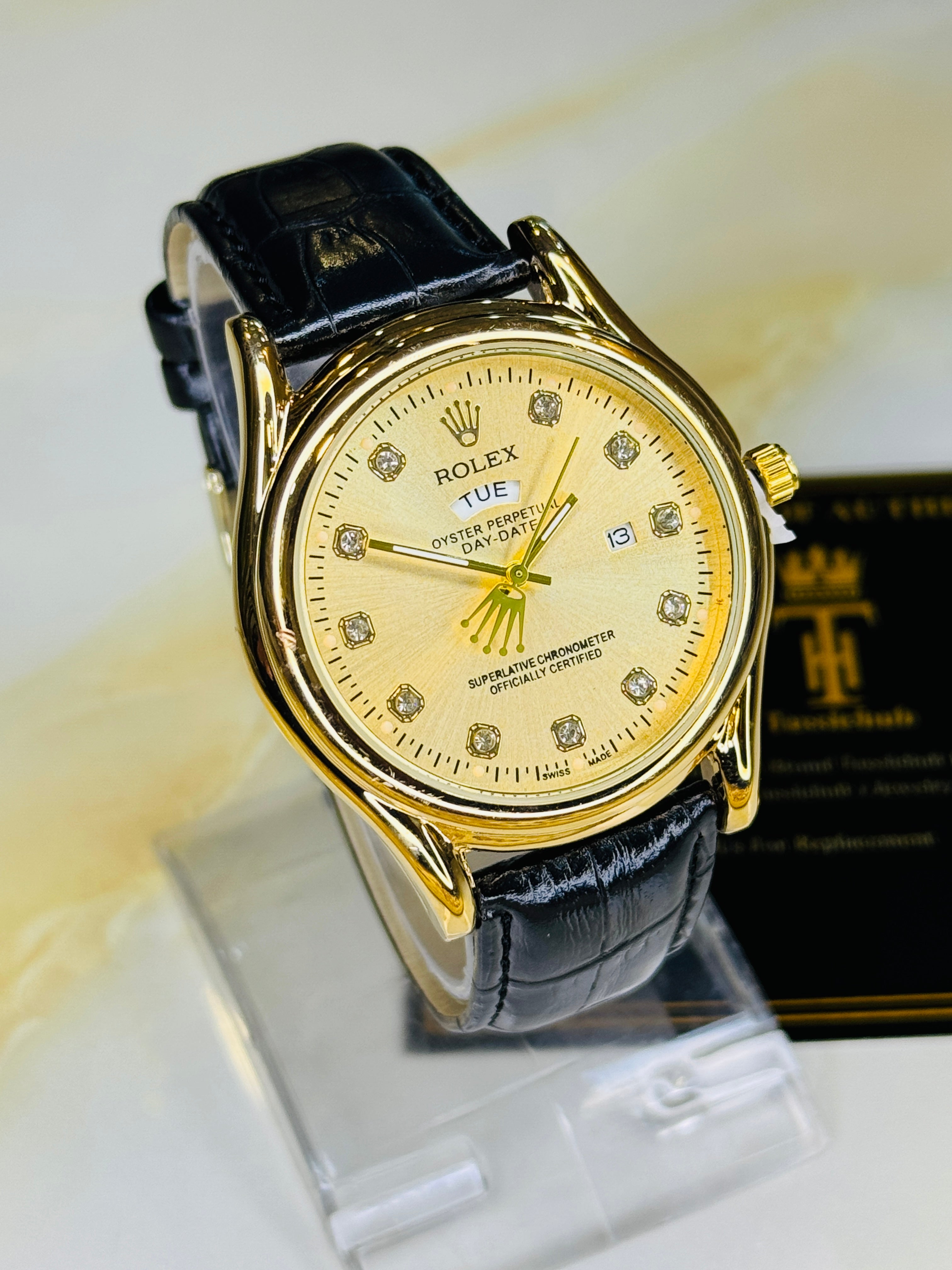 Black Gold Dial Round Leather Rolex Watch