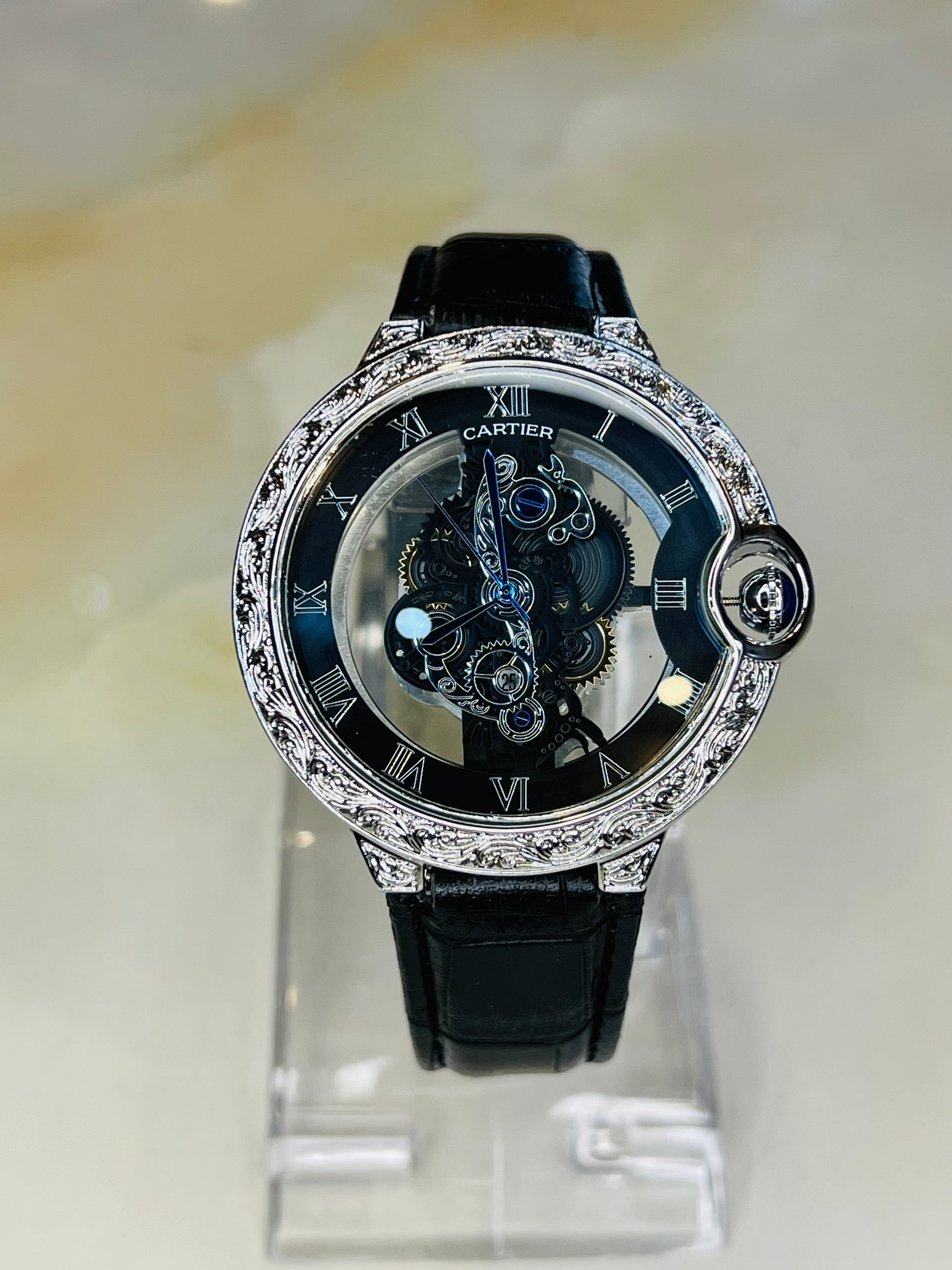 Black Silver Engraved Skeleton Dial Watch