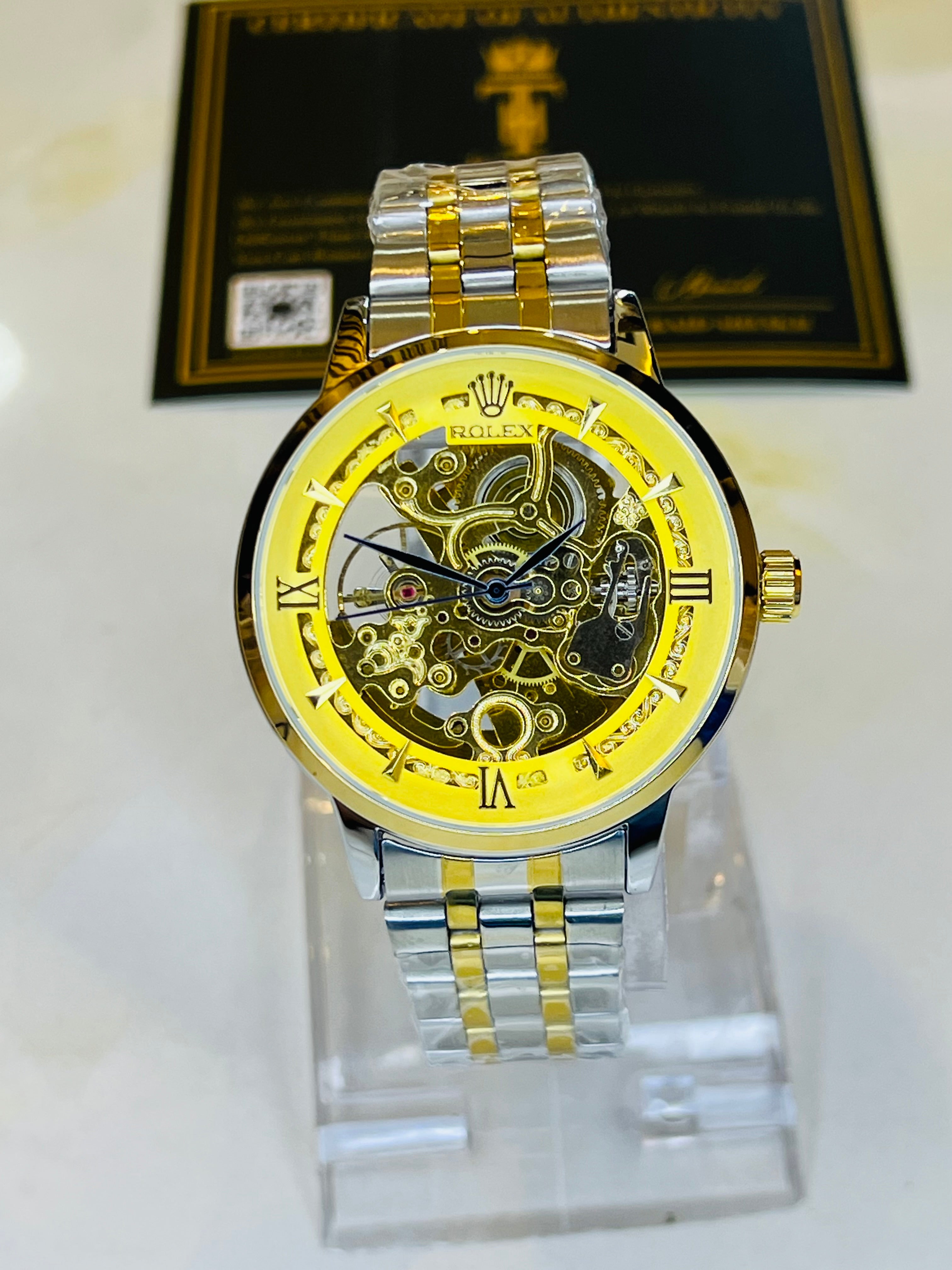 R-1 Two Tone Gold Chain Strap Skeleton Automatic Watch