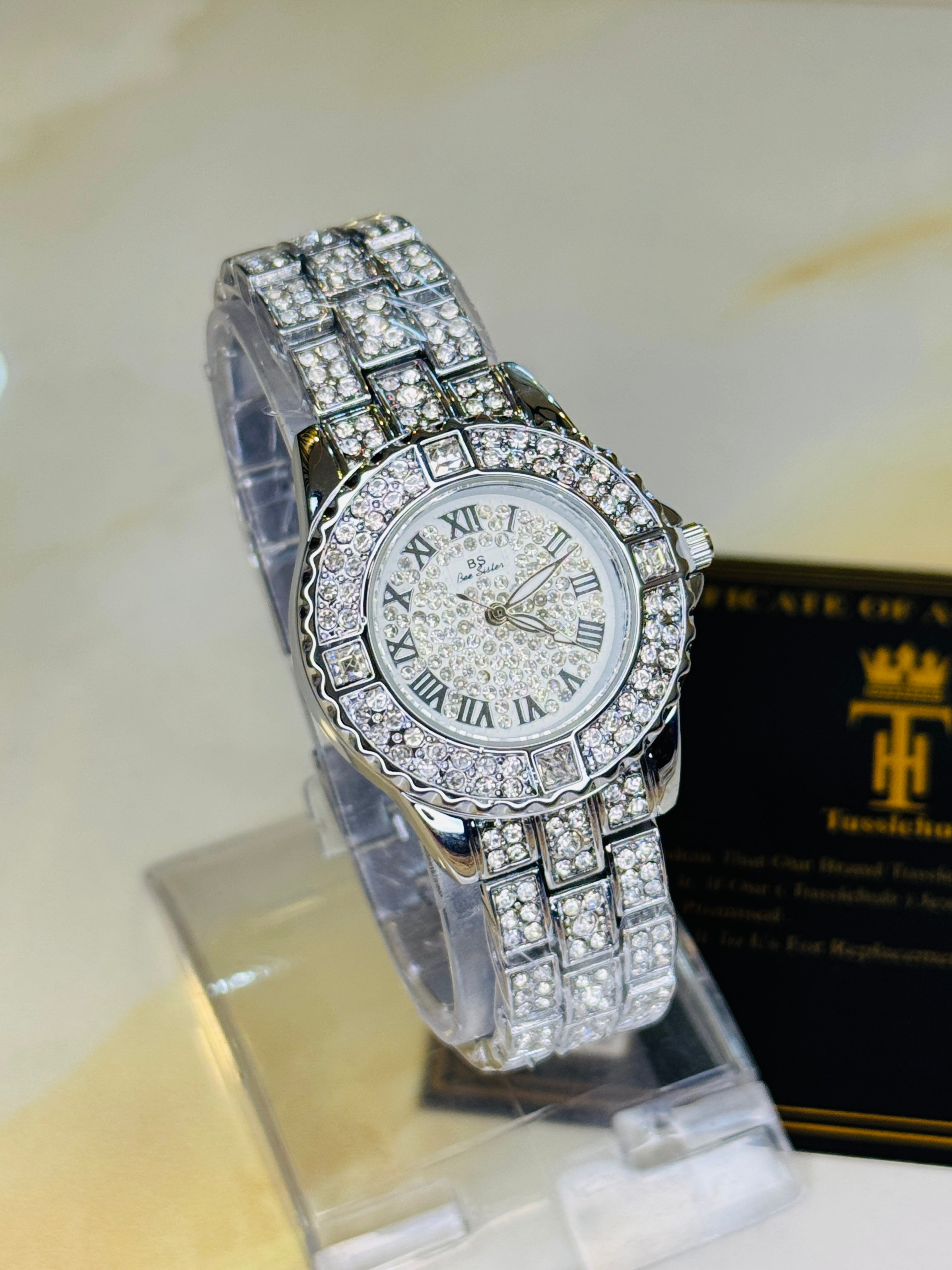 Silver Roman Iced Out Watch For Her