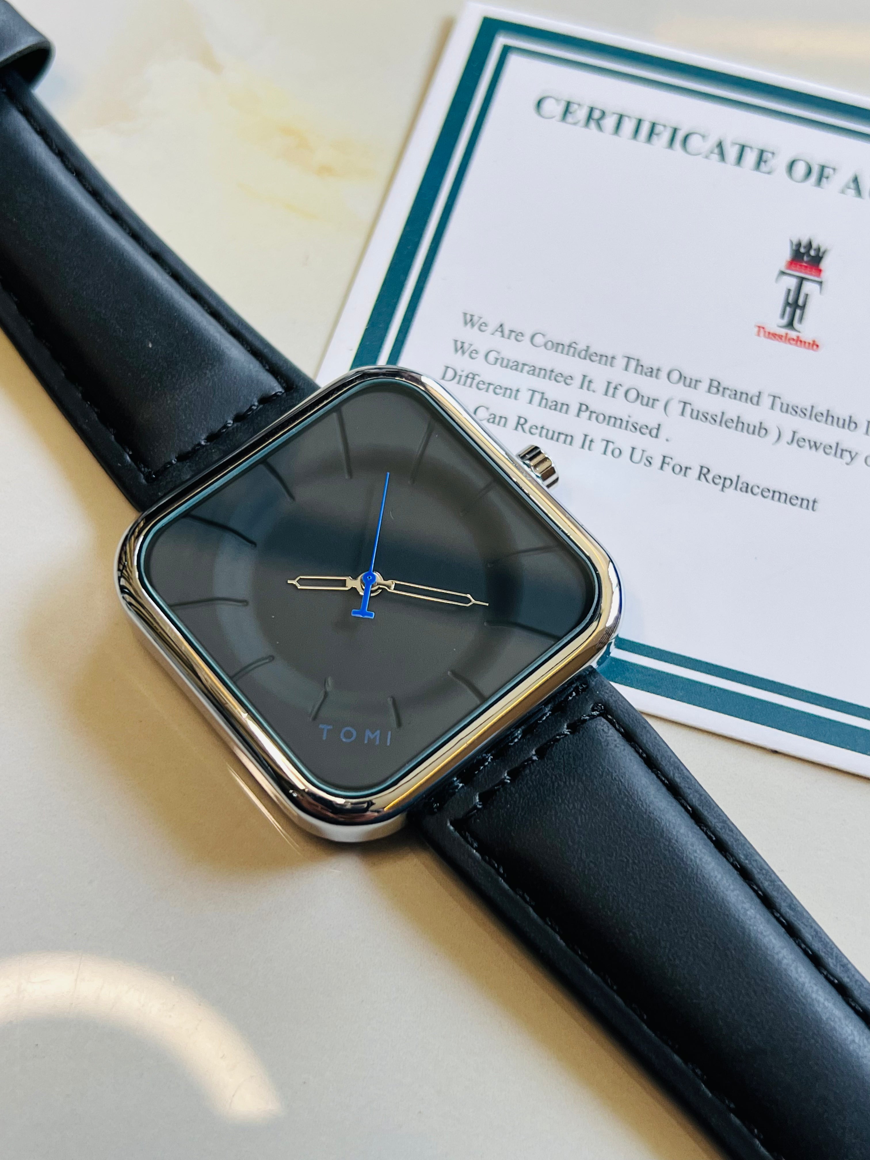 Tomi Black Silver Square Dial Watch