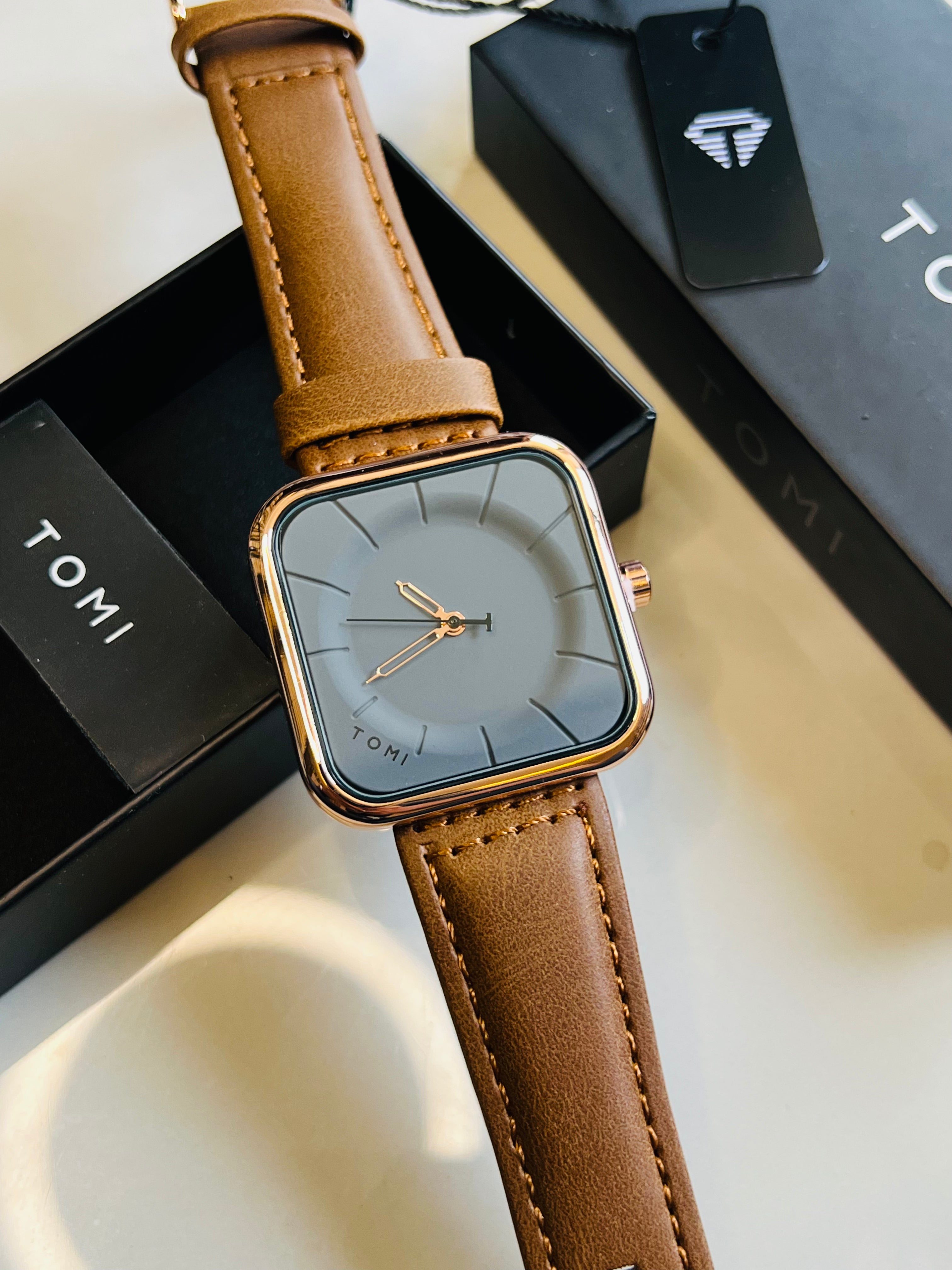 Tomi Brown Gold Square Dial Watch