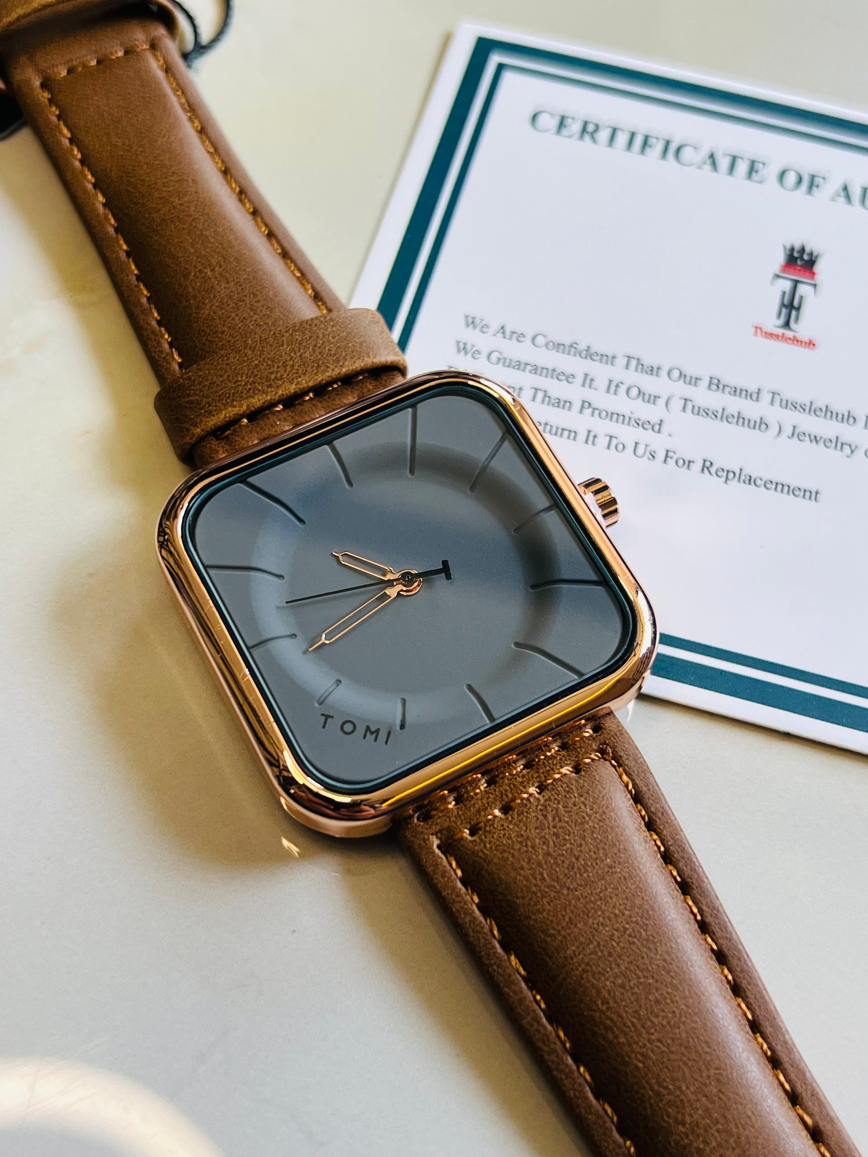 Tomi Brown Gold Square Dial Watch