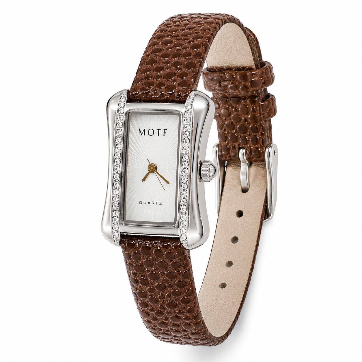 Brown Leather Zircon Square Watch For Her