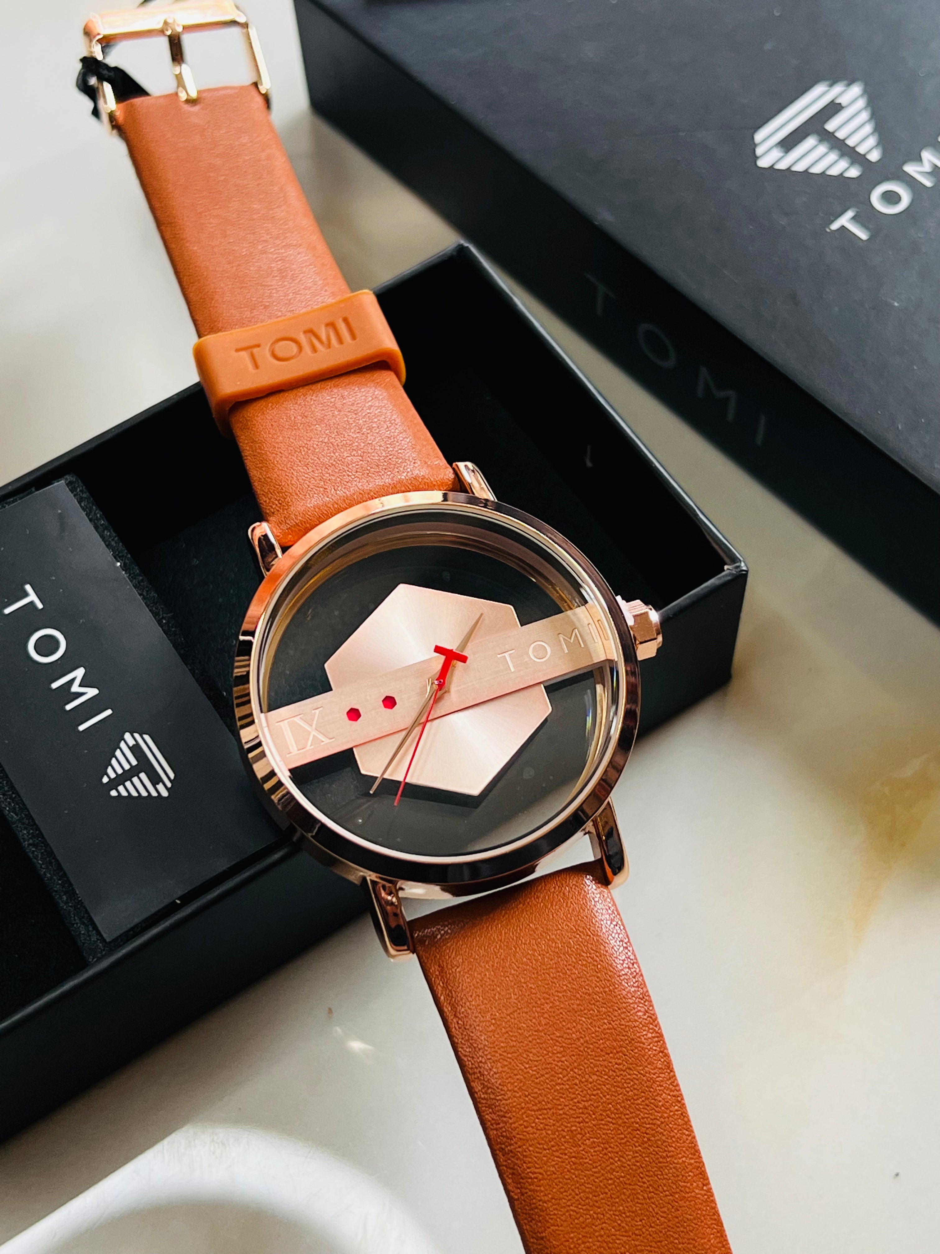 Tomi Brown Gold Hexa Dial Watch