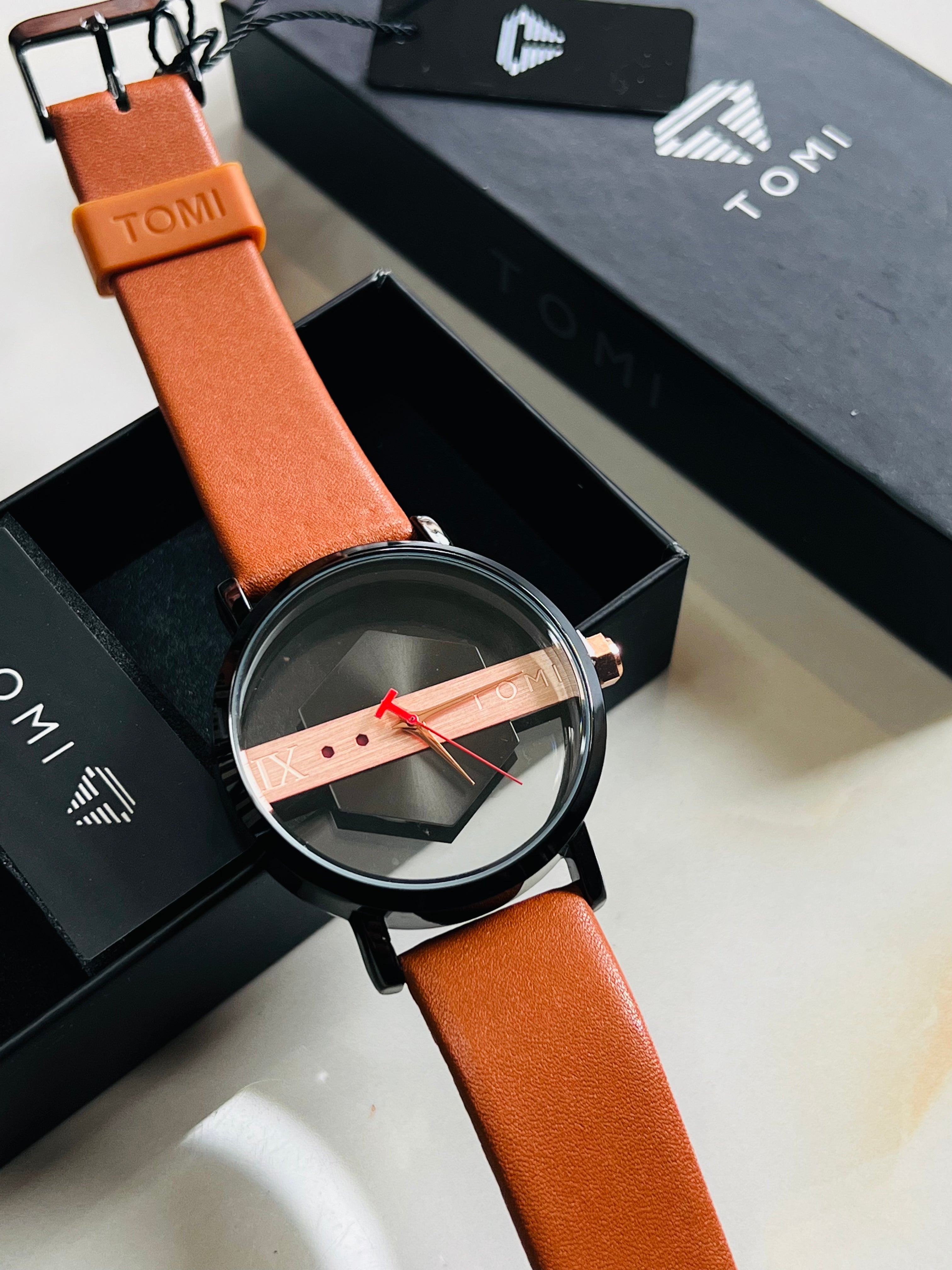 Tomi Brown Black Hexa Dial Watch
