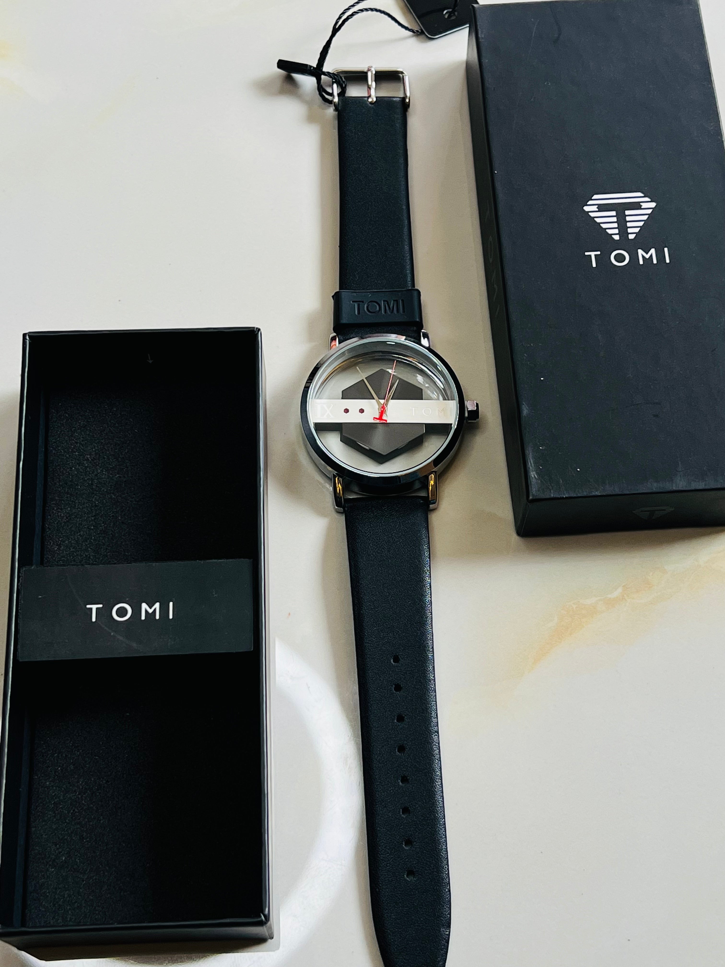 Tomi Black Silver Hexa Dial Watch