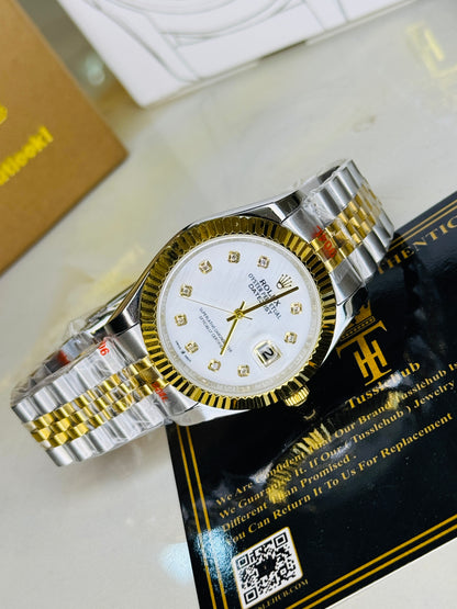 Jubilee Date Just Two Tone Diamond Fluted White Dial Quartz Watch