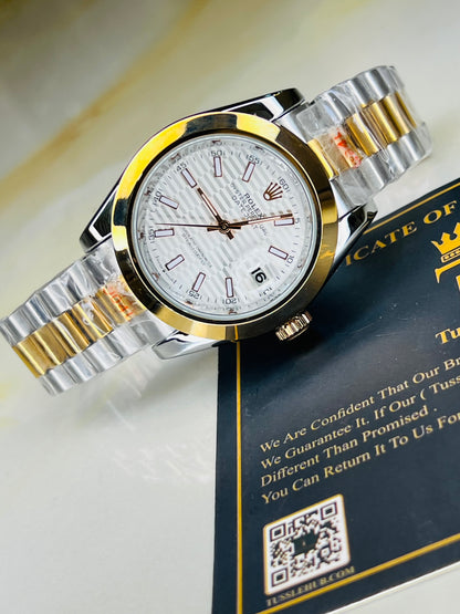 President Date Just Silver Rose Plain Bezel White Dial Automatic Watch