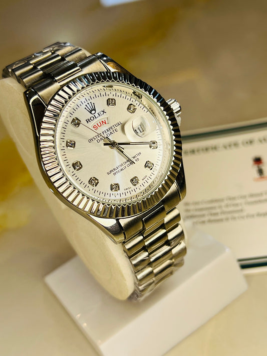 Premium Day Date Rolex Silver White Dial Watch