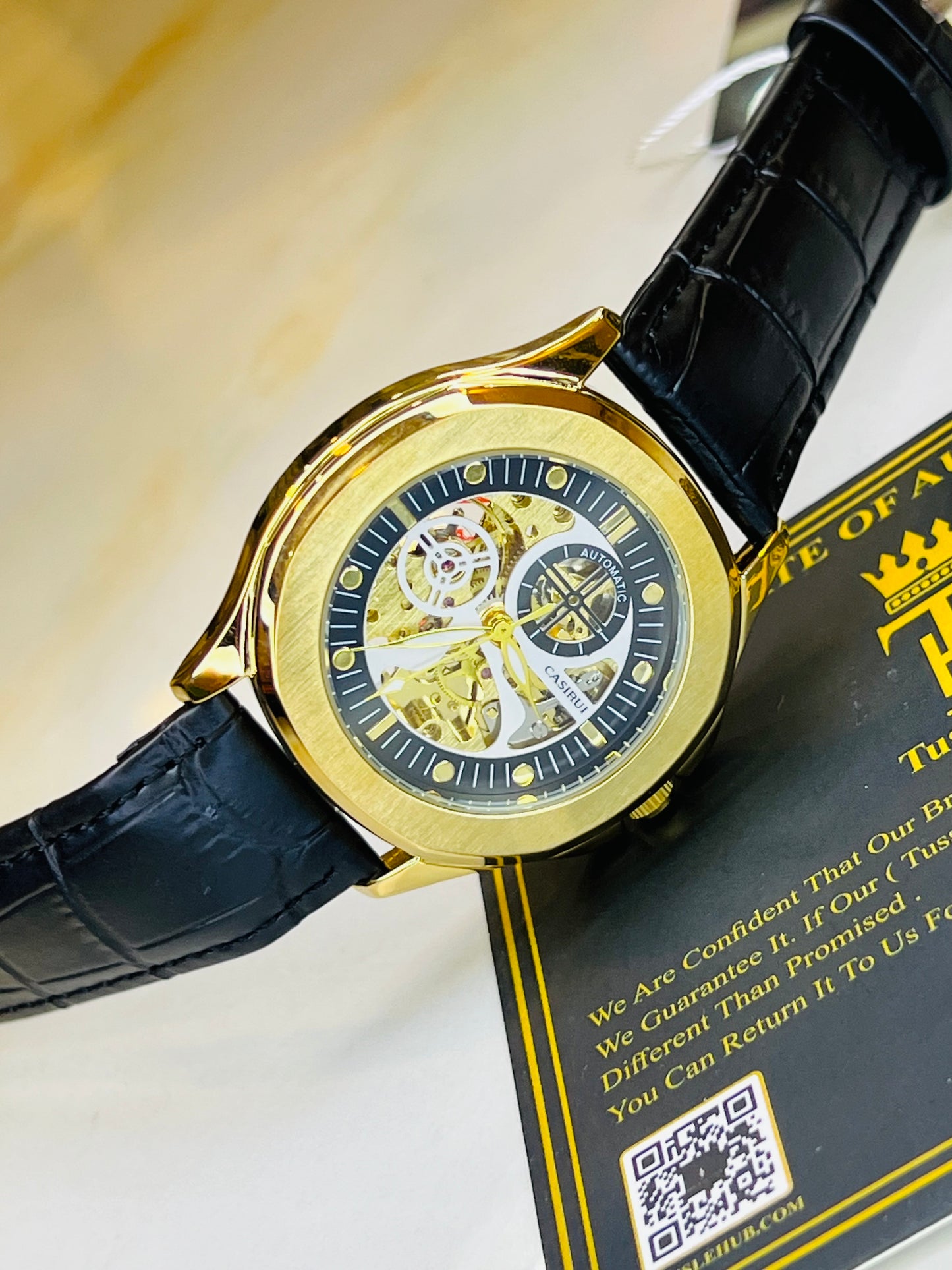 Casirui Black Gold Automatic Skeleton Leather watch