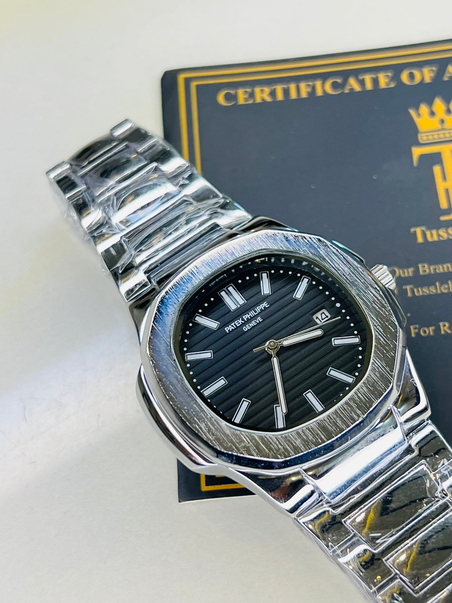 Silver Nautilus Black Dial Watch