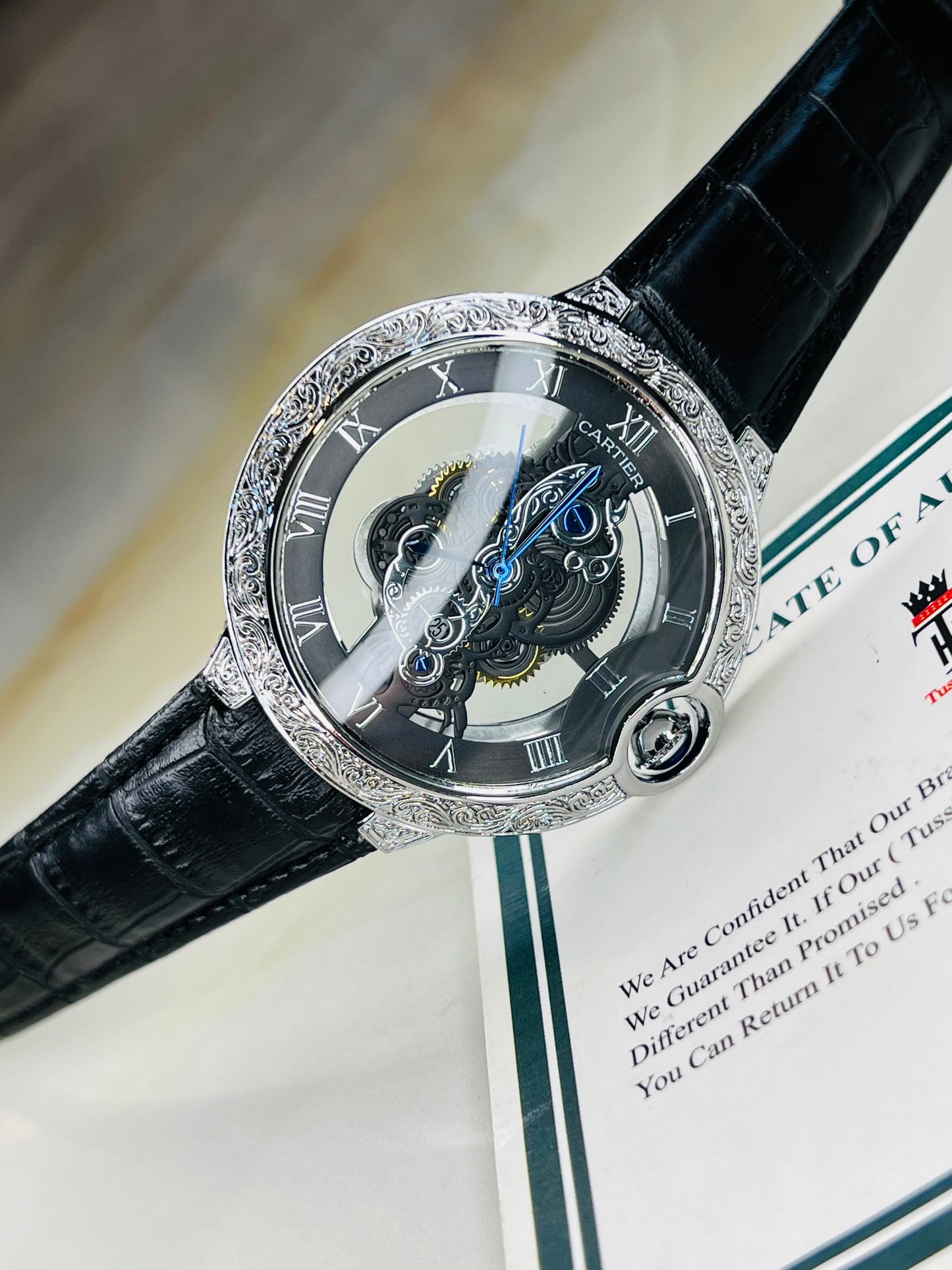 Black Silver Engraved Skeleton Dial Watch