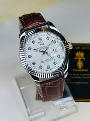 Brown Silver White Day Date Leather Rolex Watch