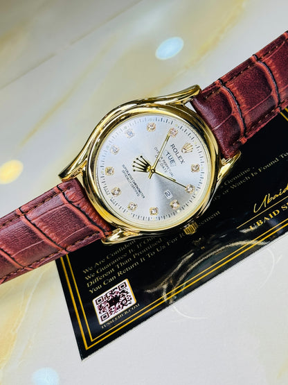 Brown Gold White Round Leather Rolex Watch
