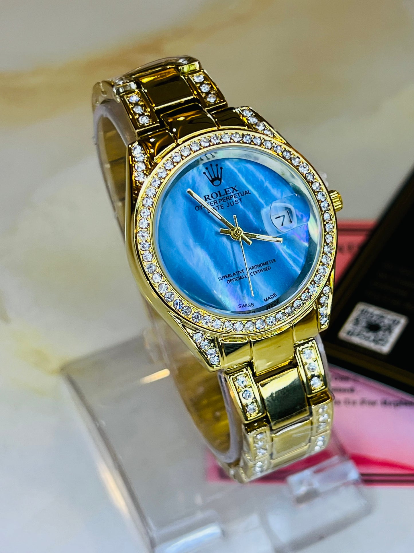 Gold Blue Gem Stone Dial Rolex For Her